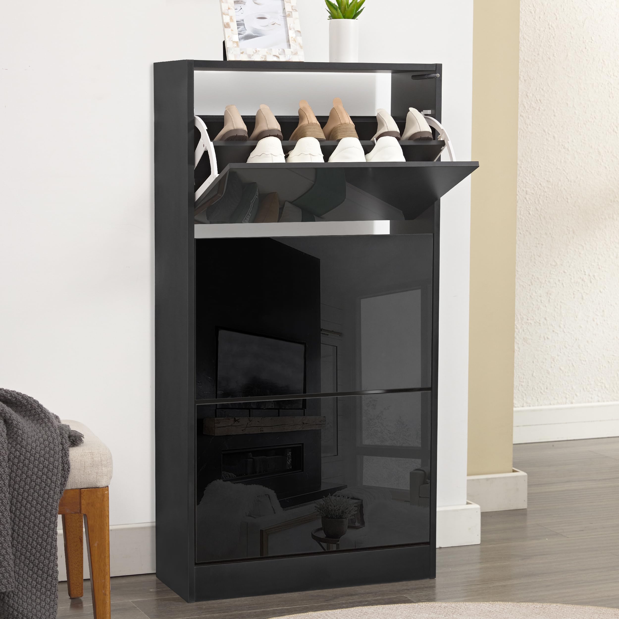 High Gloss 3 Drawer Shoe Storage Cabinet Pull Down Shoe Cabinet 3 Tier Shoe Rack Wooden Furniture Cupboard Shoes Storage Organiser for Hallway Entryway, Living Rooms, Black 60W x 24D x 118H cm
