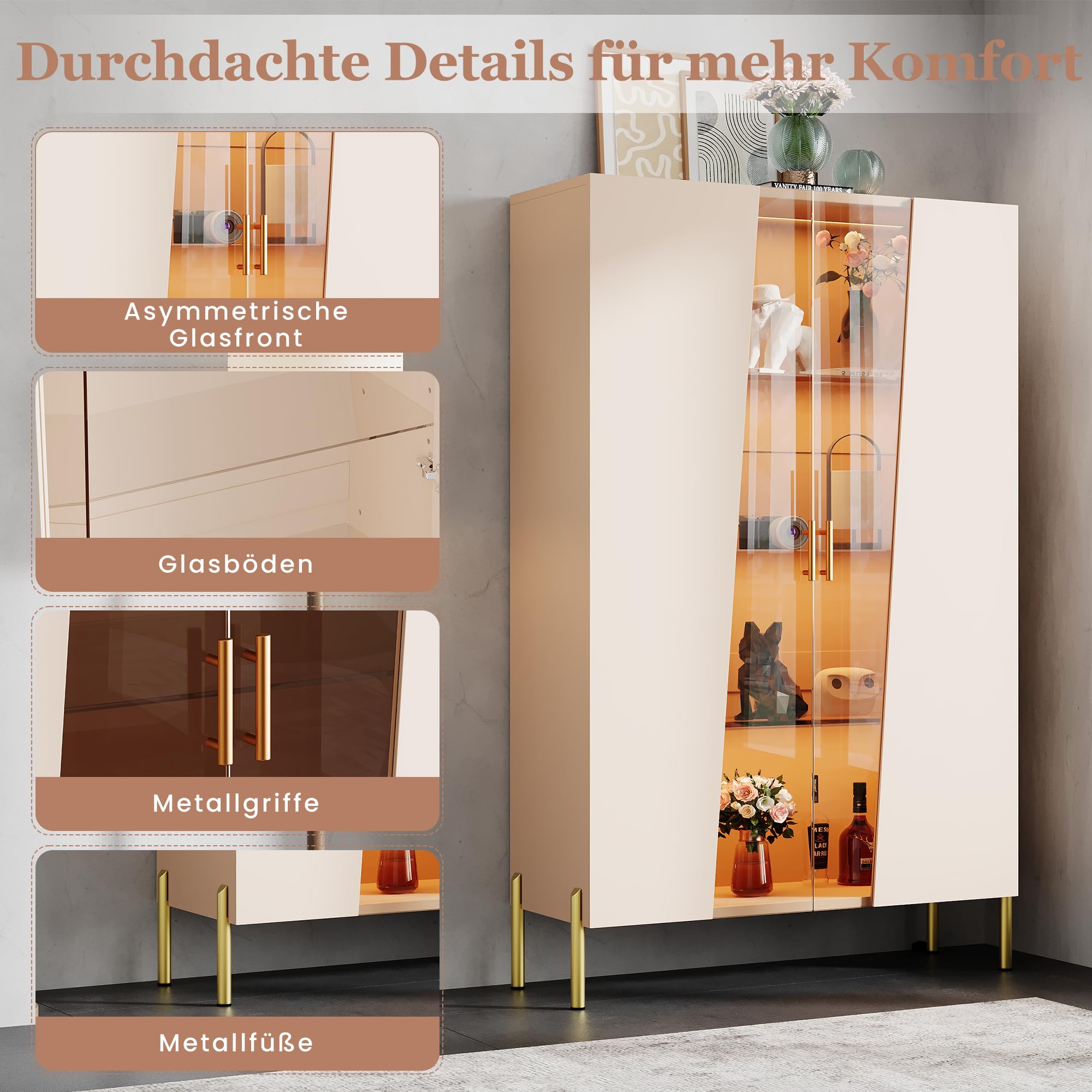 Armario de cristal de 72 x 40 x 145 cm con puerta de cristal templado asimétrico, 3 estantes de cristal, tirador de metal y patas de metal, vitrina, comedor, estantería, color beige