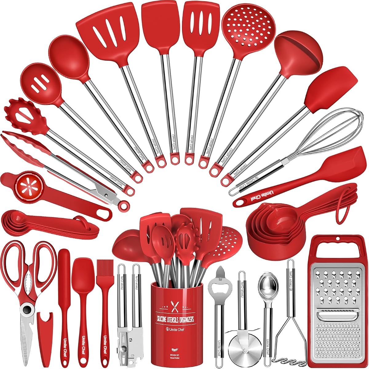 Juego de utensilios de cocina - Umite Chef 34 PCs Utensilios de cocina con rallador, espátula de cuchara, silicona de grado alimenticio resistente al calor, manijas de acero inoxidable Juego de herramientas de utensilios de cocina para utensilios de cocina antiadherentes (rojo)