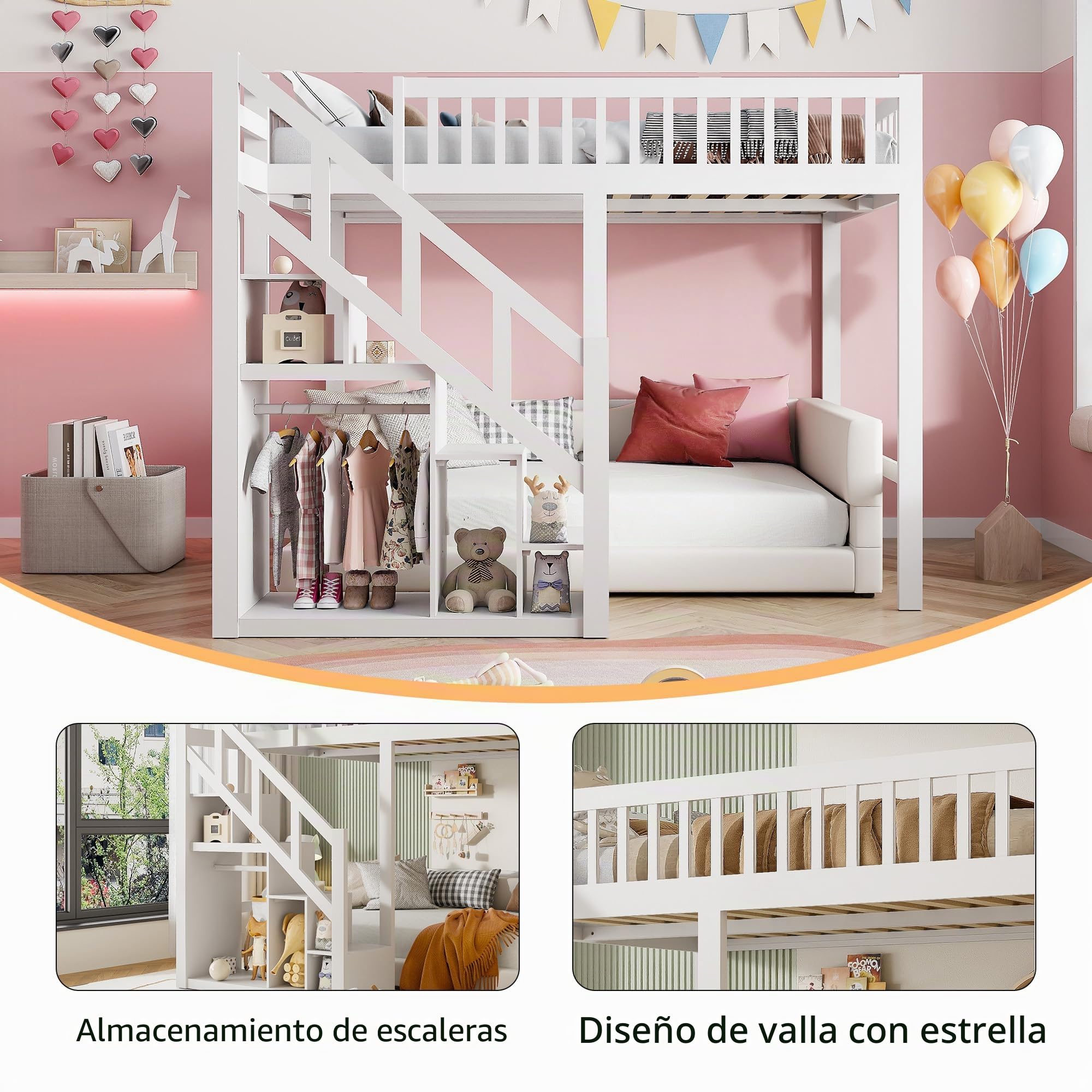 Litera de 90 x 200 cm, Cama Infantil de Madera Maciza con Escalera de Seguridad y Armario de Almacenamiento, Cama Juvenil con somier de láminas, Cama Infantil Multiusos para habitación