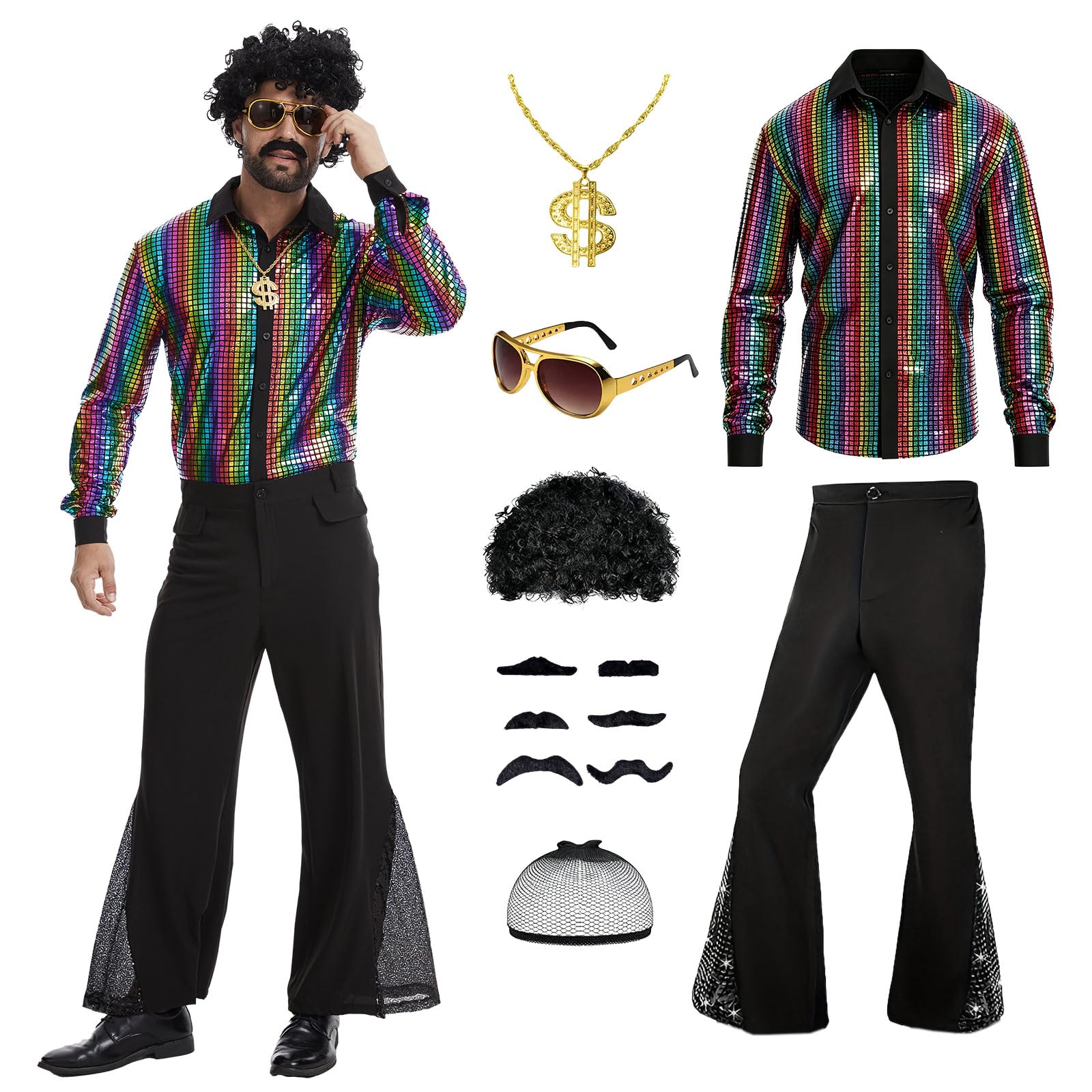 YORDET 70s Disco Costume Men 80s Hippie Outfit Sequin Shirt Flared Trousers