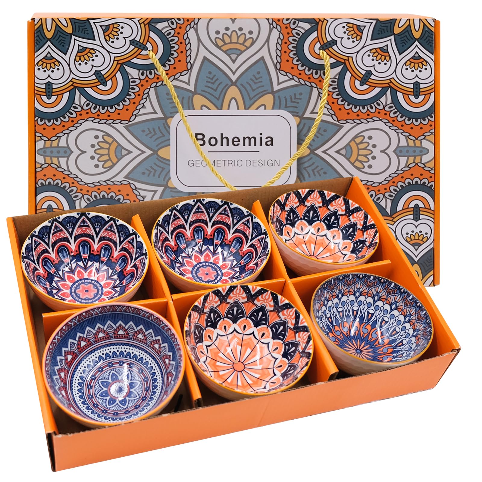 inheming 6Pcs Ceramic Serving Bowls,Bohemian Rice Bowls, 10oz/300ml Small Spice Bowls for Soup, Cereal, Desserts Rice Dessert Bowl with Gift Box,Microwave & Dishwasher Safe