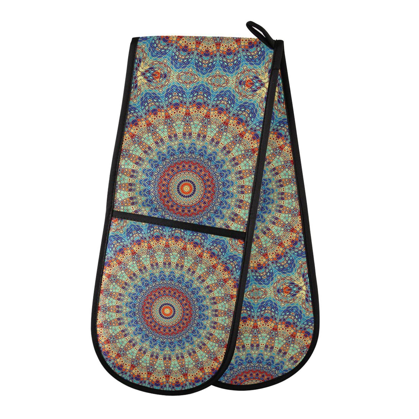Double Oven Gloves Heat Resistant Boho Mandala Double Oven Mitts Pot Holder Heat Protection Oven Gloves for Home Kitchen Baking Cooking BBQ Microwave