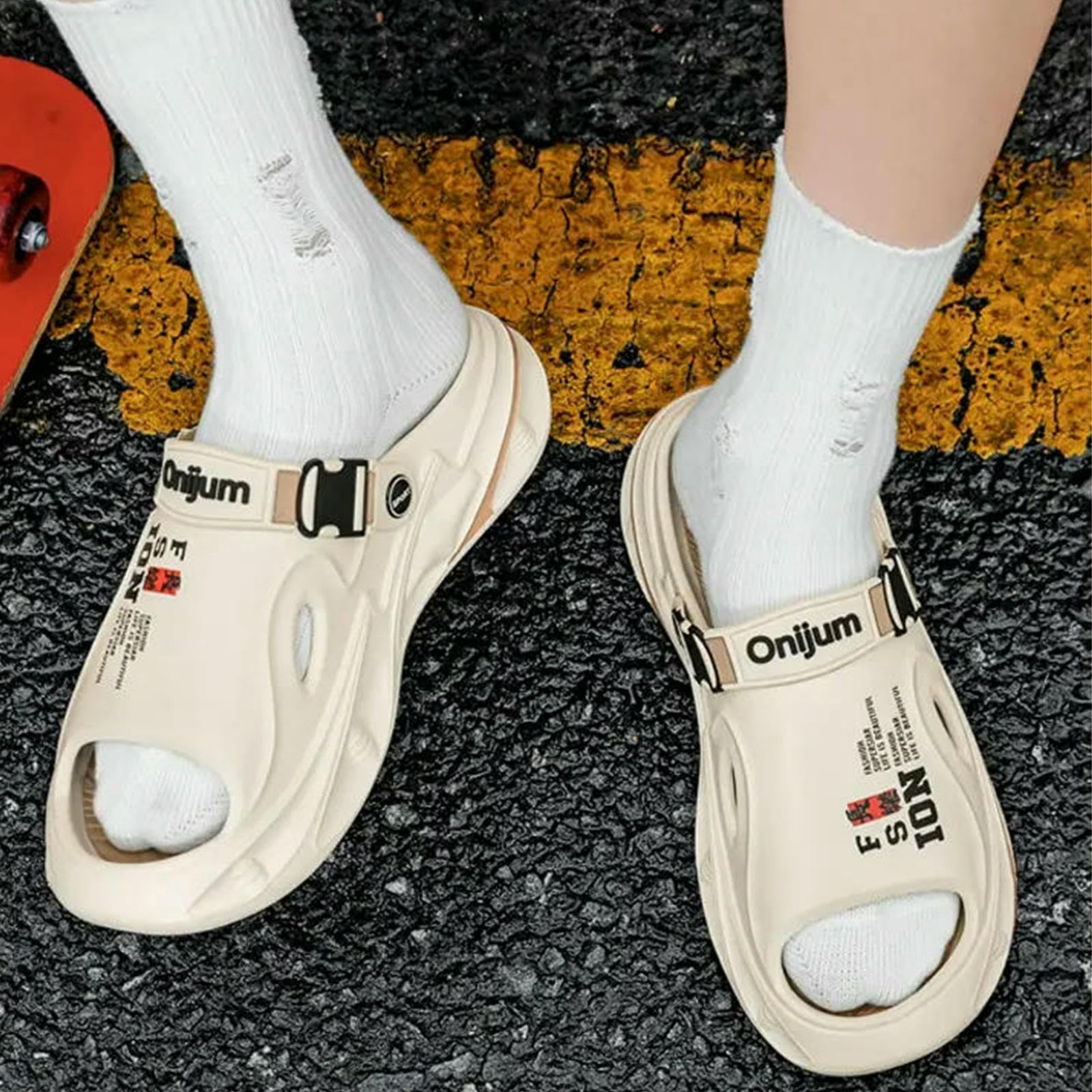 Claquette Hommes Sandales De Plage Mâle Tongs D'été Épais Chaussures d'homme Décontractées Femme Pantoufles Plage-Orange Noir-42-43