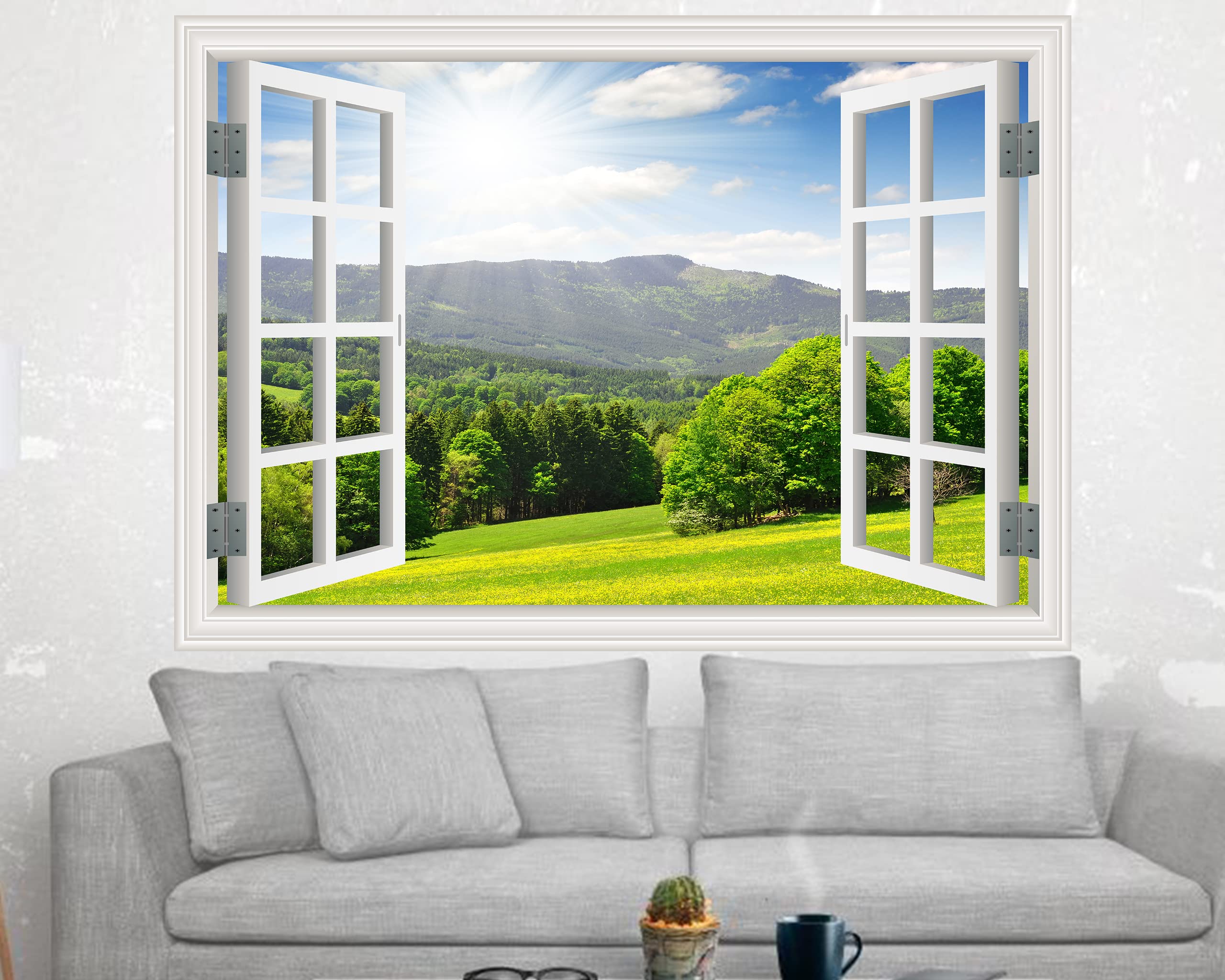 FLFK Fake Window Wall Sticker - Landscape Faux Window Wall Mural for Wall Decor, Stick and Peel Wall Decals,48"x32",Set of 2 Sheets — view 2