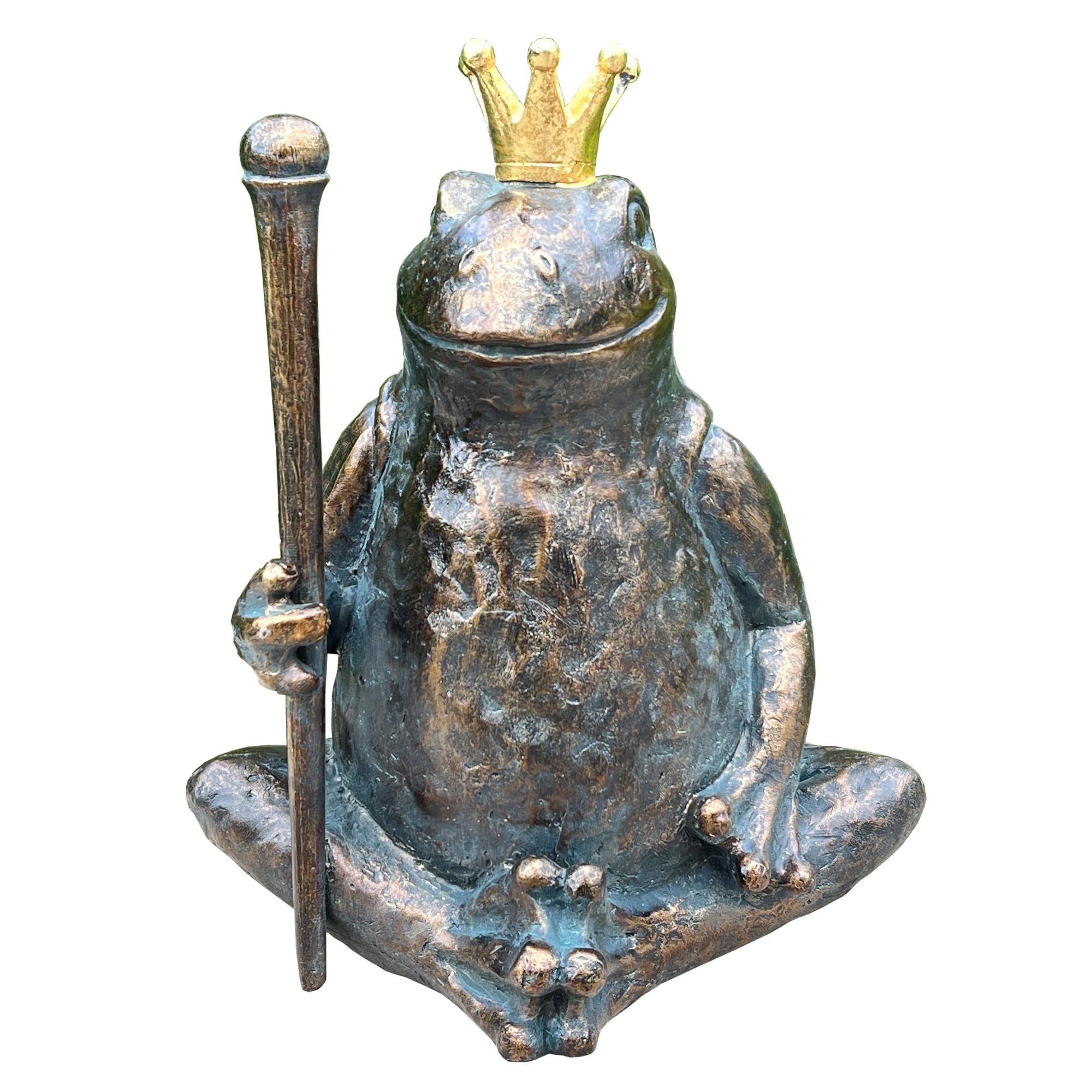 Alfie Francis Bronze / Green (Patina) 28.5Cm Tall Large Sitting King Frog Wearing A Crown With Sceptre Ornament - Resin
