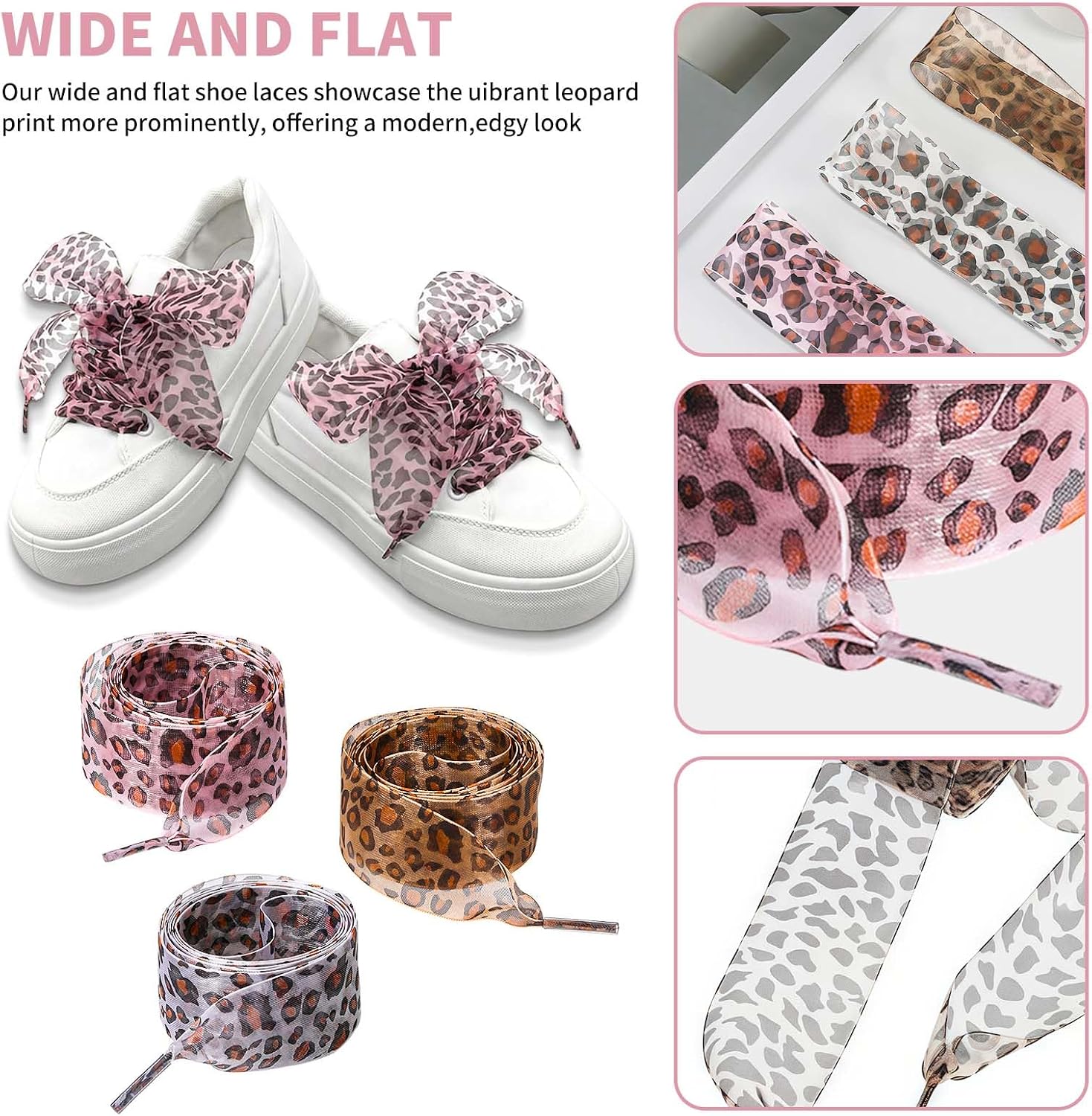 3 Pcs Fashion Leopard Shoe Laces for Womens Sneakers, 4CM Wide Ribbon Shoelaces - White, Pink, and Brown Cheetah Pattern Laces for Women Girls, Perfect for Casual Shoes, Boots, and Sneakers