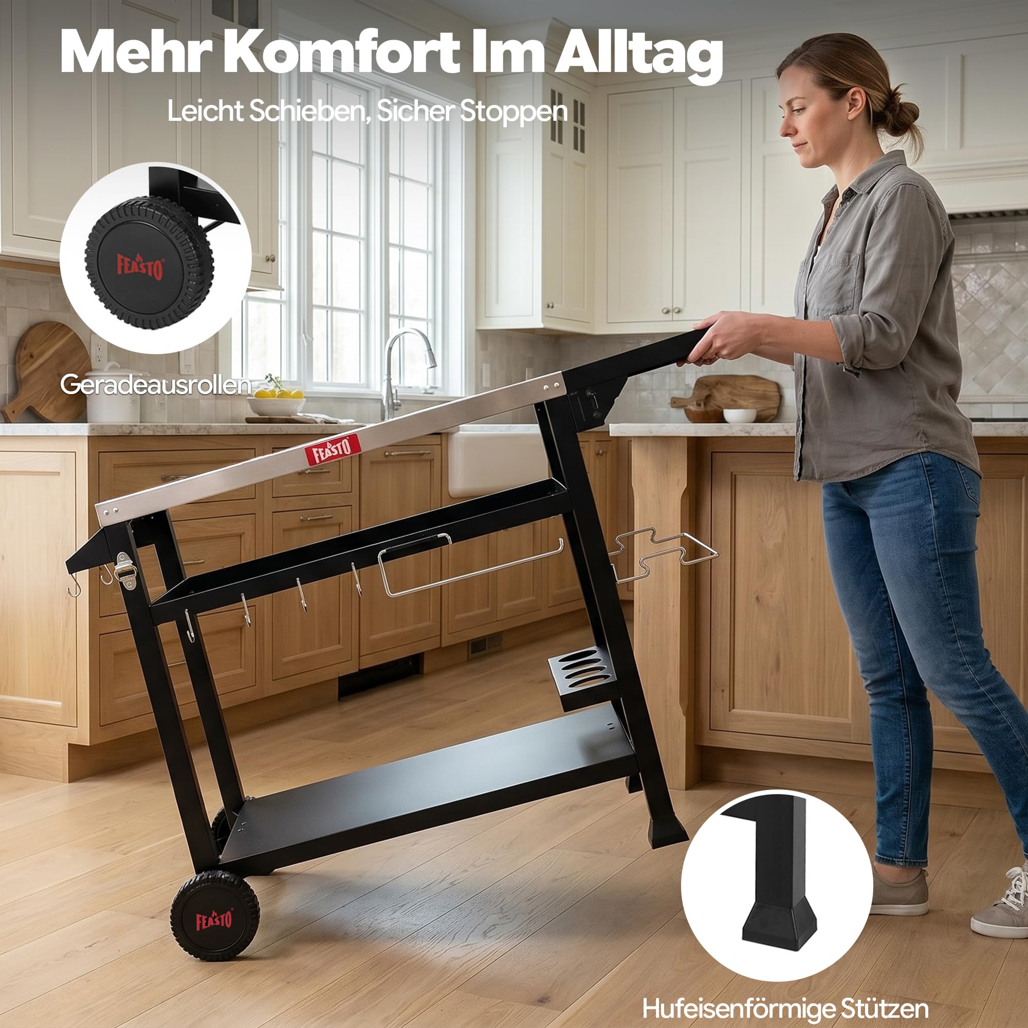 Feasto Grillwagen Outdoor wetterfest Grilltisch Pizzatisch Outdoor-Küche | 125x64x84cm grill beistelltisch outdoor mit klappbarem Beistelltisch, Outdoor Servierwagen für Küche, Terrasse, Buffet