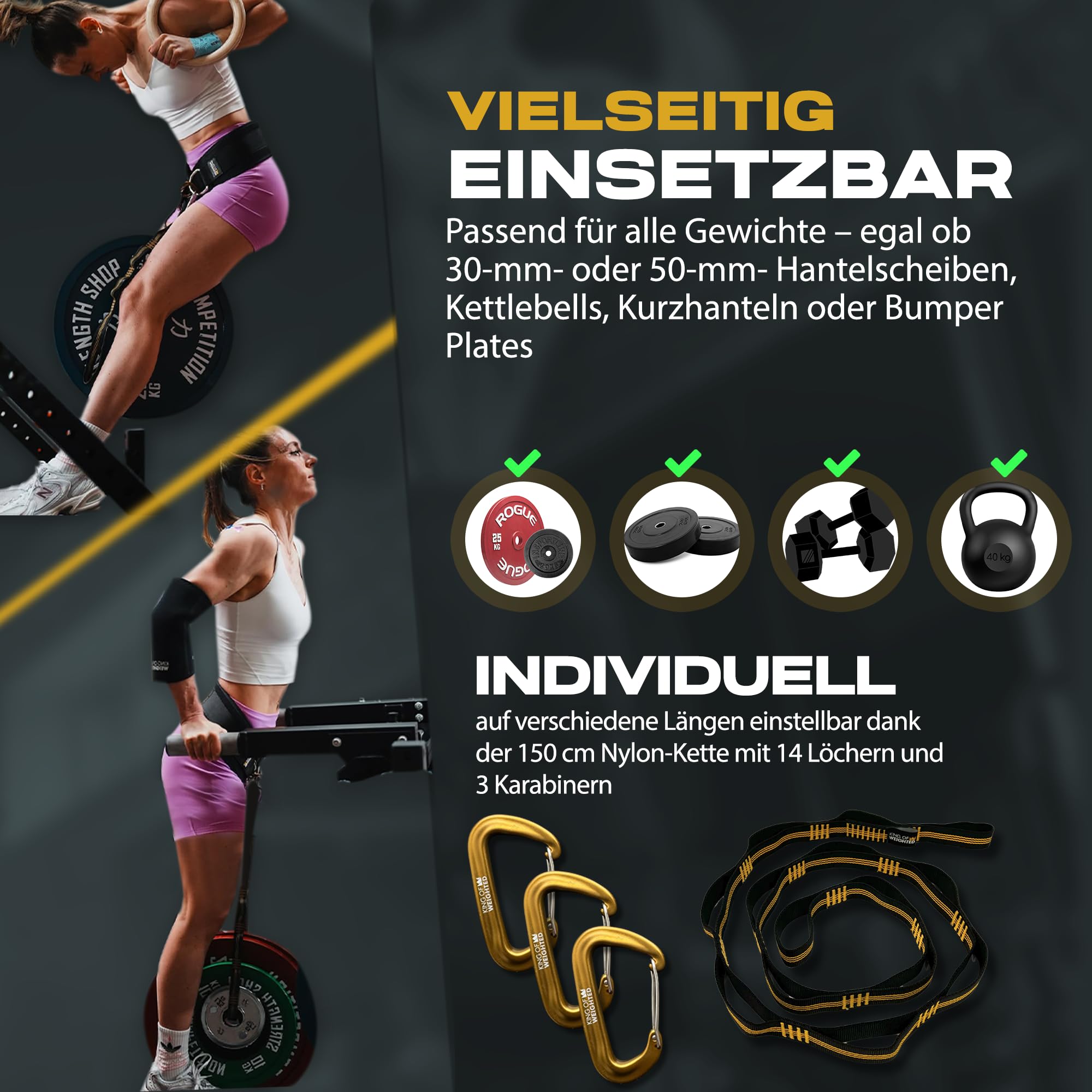 Dip Belt, wettkampf-konformer Dip Gürtel mit Seil + 3 Karabiner, Gewicht Gürtel für Calisthenics, Streetlifting, Krafttraining, Bodybuilding, Gewichtheben - 300kg Belastbarkeit