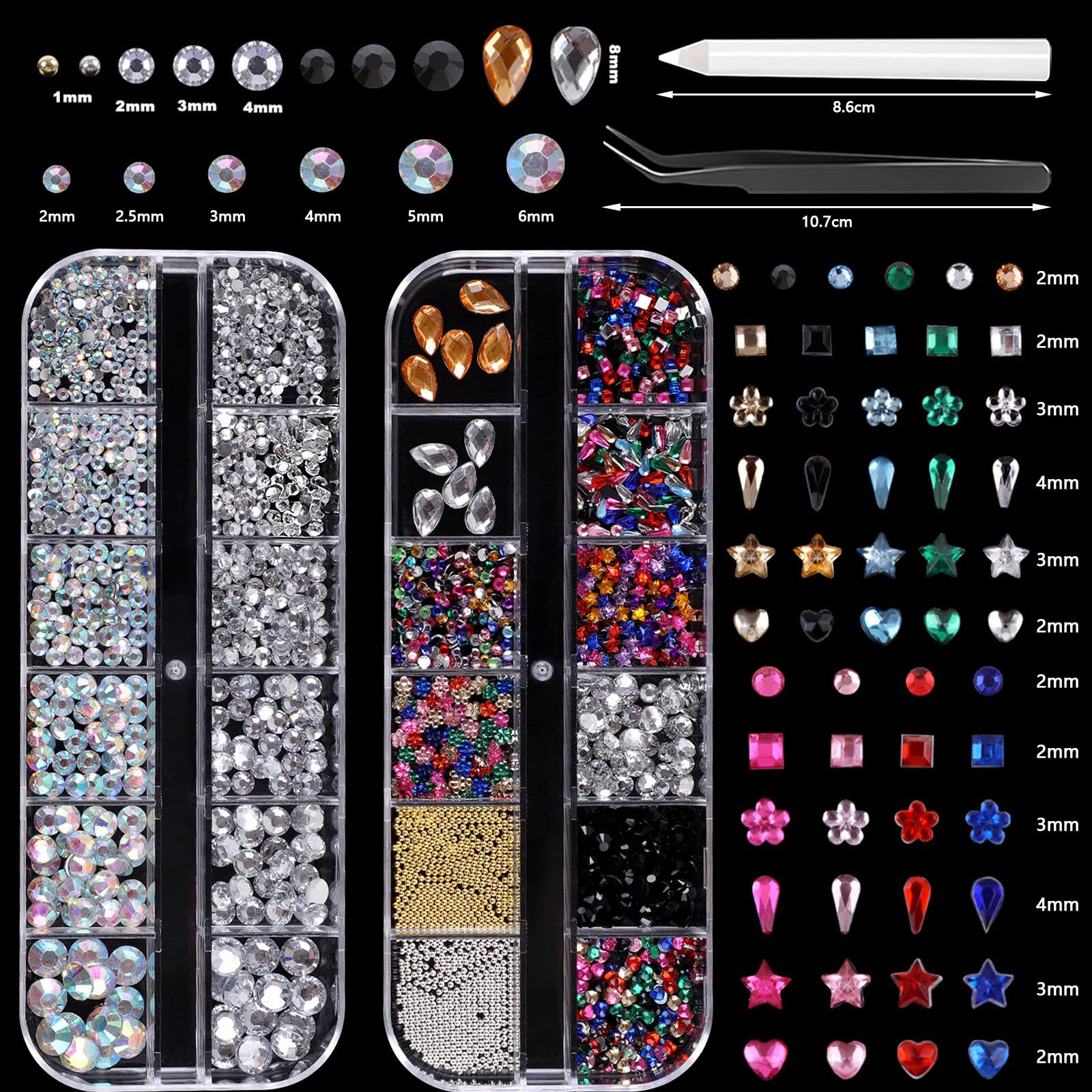 Solivive Lot de 7 Boîtes Strass Ongle Nail Art avec Bijoux Ongles, Nail Art Décorations 3D- avec Stylo à Cire pour Strass et Pinces à épiler