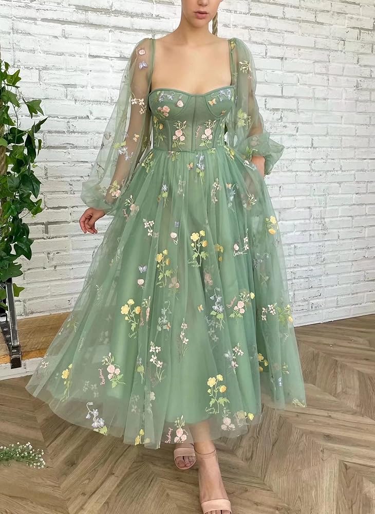 Amazon.com: Women's Puffy Sleeve Flower Embroidery Prom
