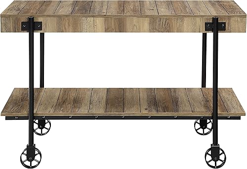 Miniatura 55 de Furniture of America Cleon Industrial - Juego de mesa de sofá y mesa de sofá con ruedas para sala de estar, color negro y roble rústico (3 piezas)