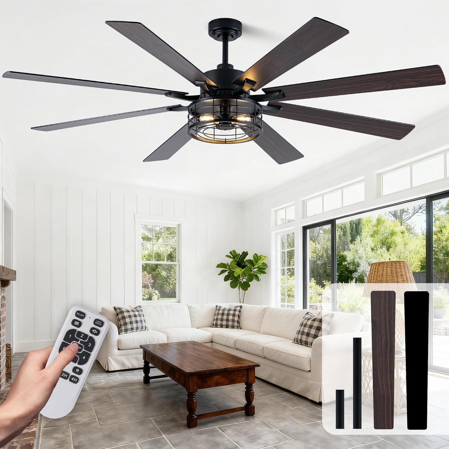 52" Farmhouse Ceiling Fans with Lights, Caged Ceiling Fan with Light and Remote, Reversible Motor, 5 Double Finish Wood Blades, Chandelier Rustic Ceiling Fan for Living Rooms, Bedroom