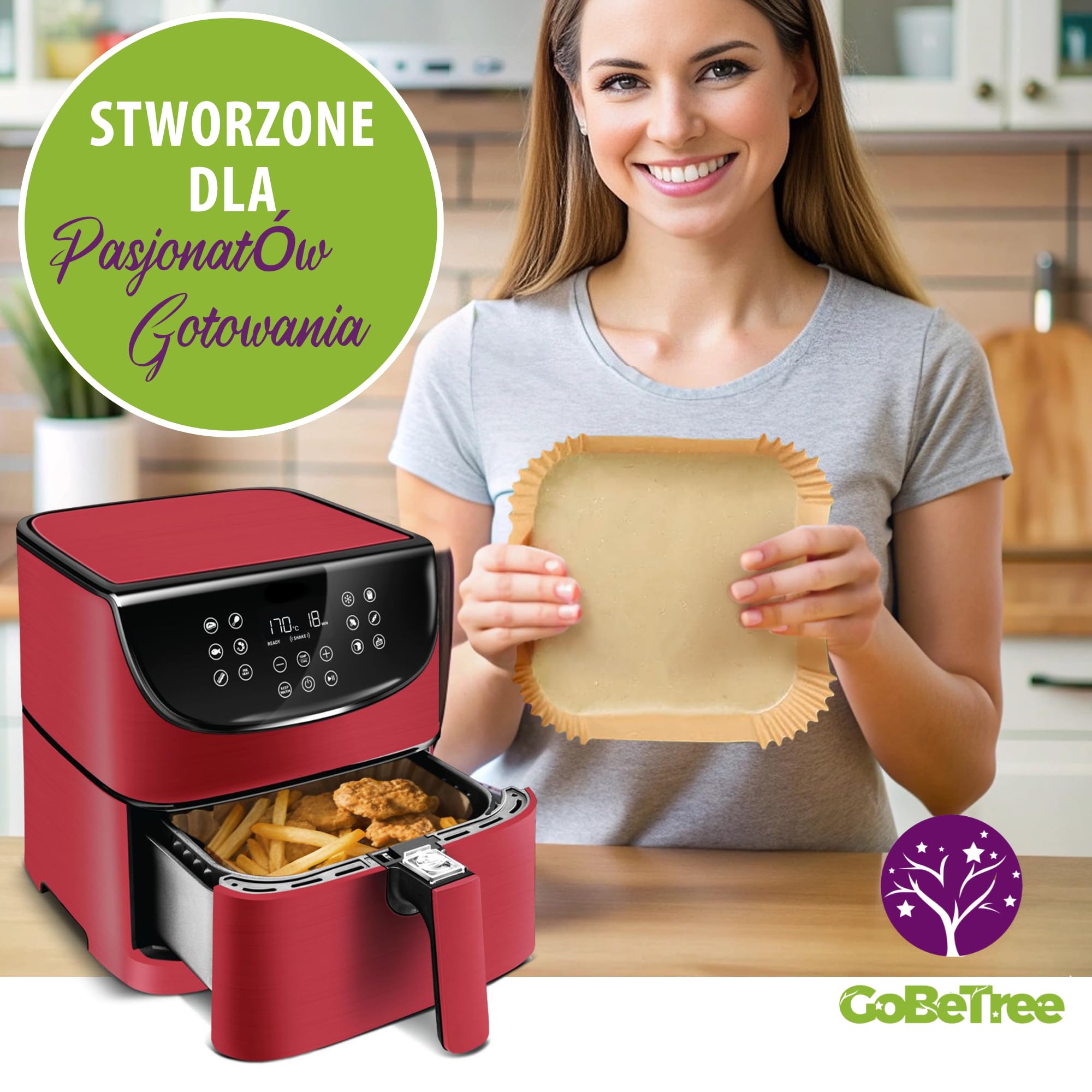GoBeTree 200 Papier Do Frytkownicy Beztłuszczowej Kwadratowy 20-24,5 cm. Nieprzywierający Air Fryer Papier Cosori 5,5L 6L Cecotec Philips Ninja Bez BPA Perforowany Jednorazowy Do Piekarnika
