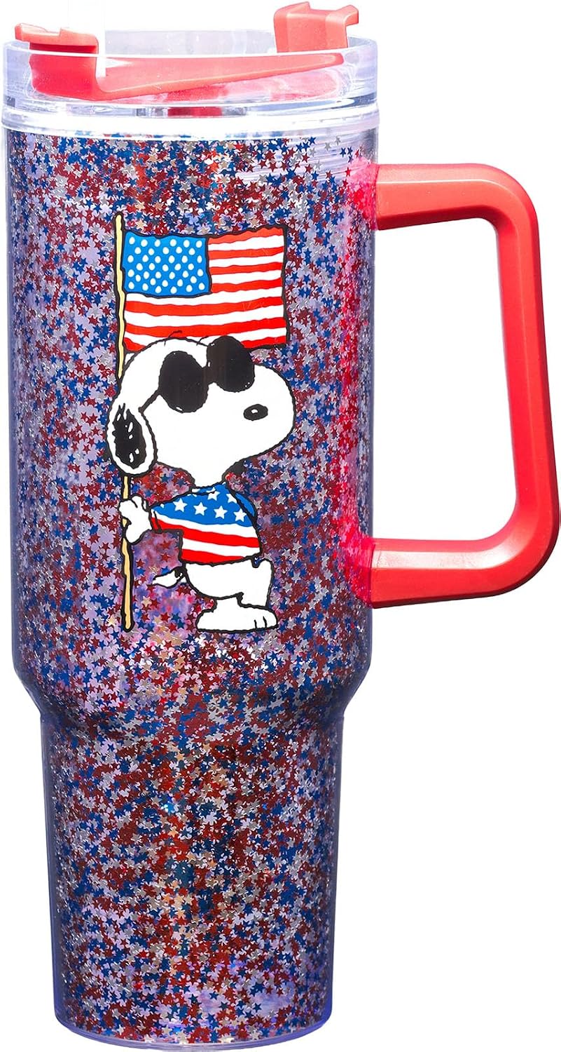 Spoontiques Snoopy Americana 40oz Glitter Acrylic Travel Mug - Double Wall Acrylic with Sliding Lock Travel Lid and Straw - 11" Tall