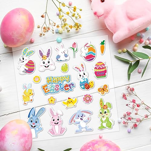 Miniatura 6 de JarThenaAMCS 20 calcomanías de gel gruesas de Pascua con dibujos animados de conejo de Pascua, huevos de Pascua, calcomanías de gel extraíbles para