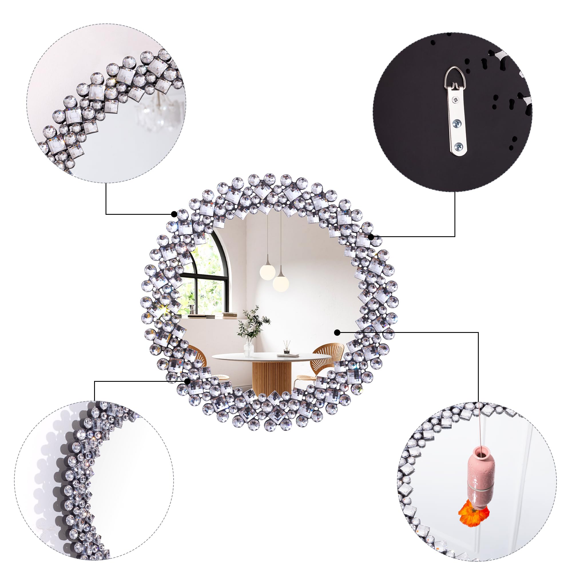 SHYFOY 45cm Runder Spiegel Silber Spiegel Rund Wandspiegel mit luxuriöser Schmuckdekoration für Badezimmer, Waschtisch, Wohnzimmer, Schlafzimmer, Eingang Wanddekoration