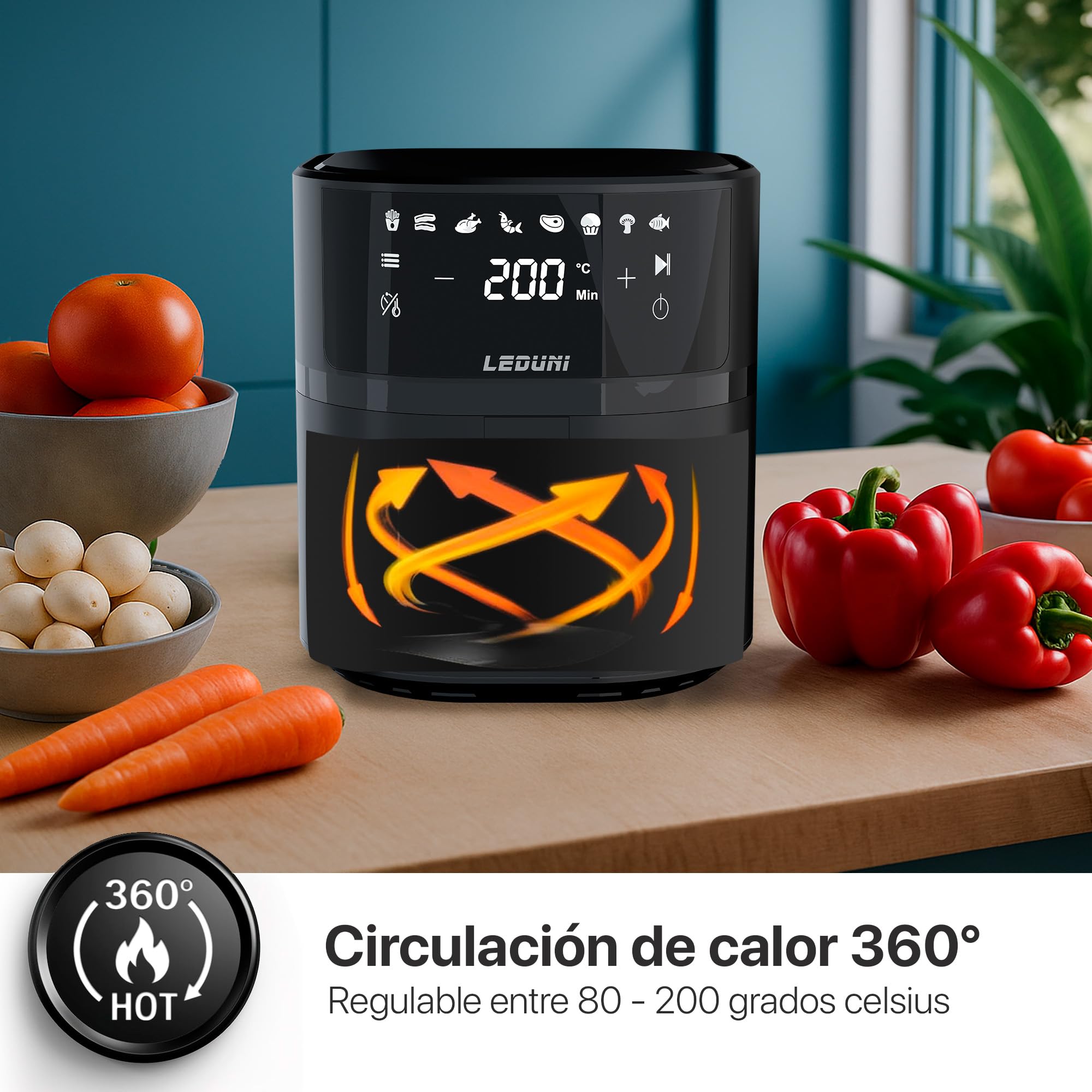 Leduni Freidora de Aire sin Aceite 6L de capacidad 1700 W, Uso Sencillo, Panel Táctil Air Fryer,Temperatura Regulable 80-200°C, ahorro energético hasta 70% (Negro 6L)