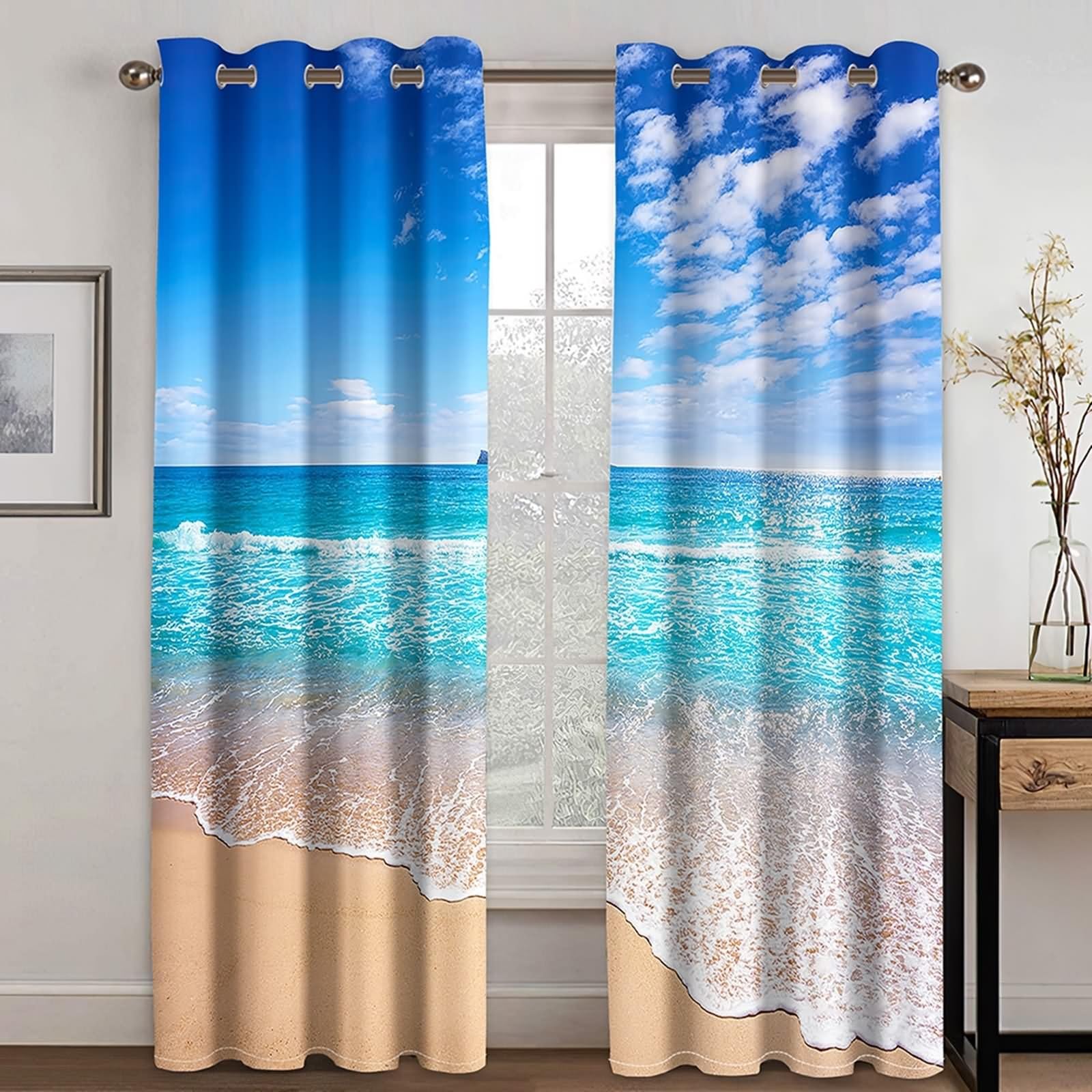 Rideau Boheme, Rideaux de Cuisine Moderne Bleu Beige Paysage de Plage avec Vagues de La Mer Polyester 2 Panneaux 488x229cm