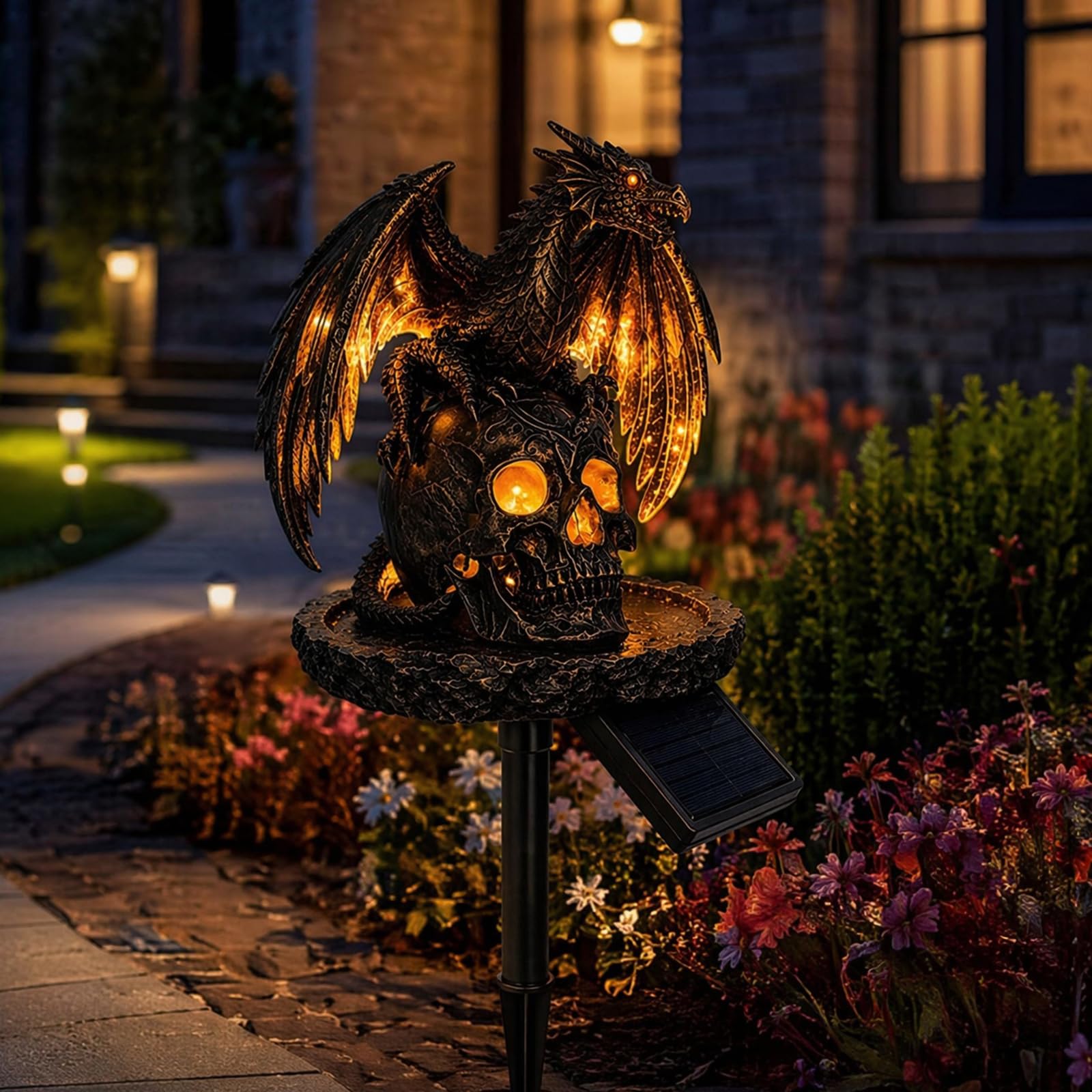 Dragon Solar Garden Light, Golden Ember Statue Lamp for Halloween Yard