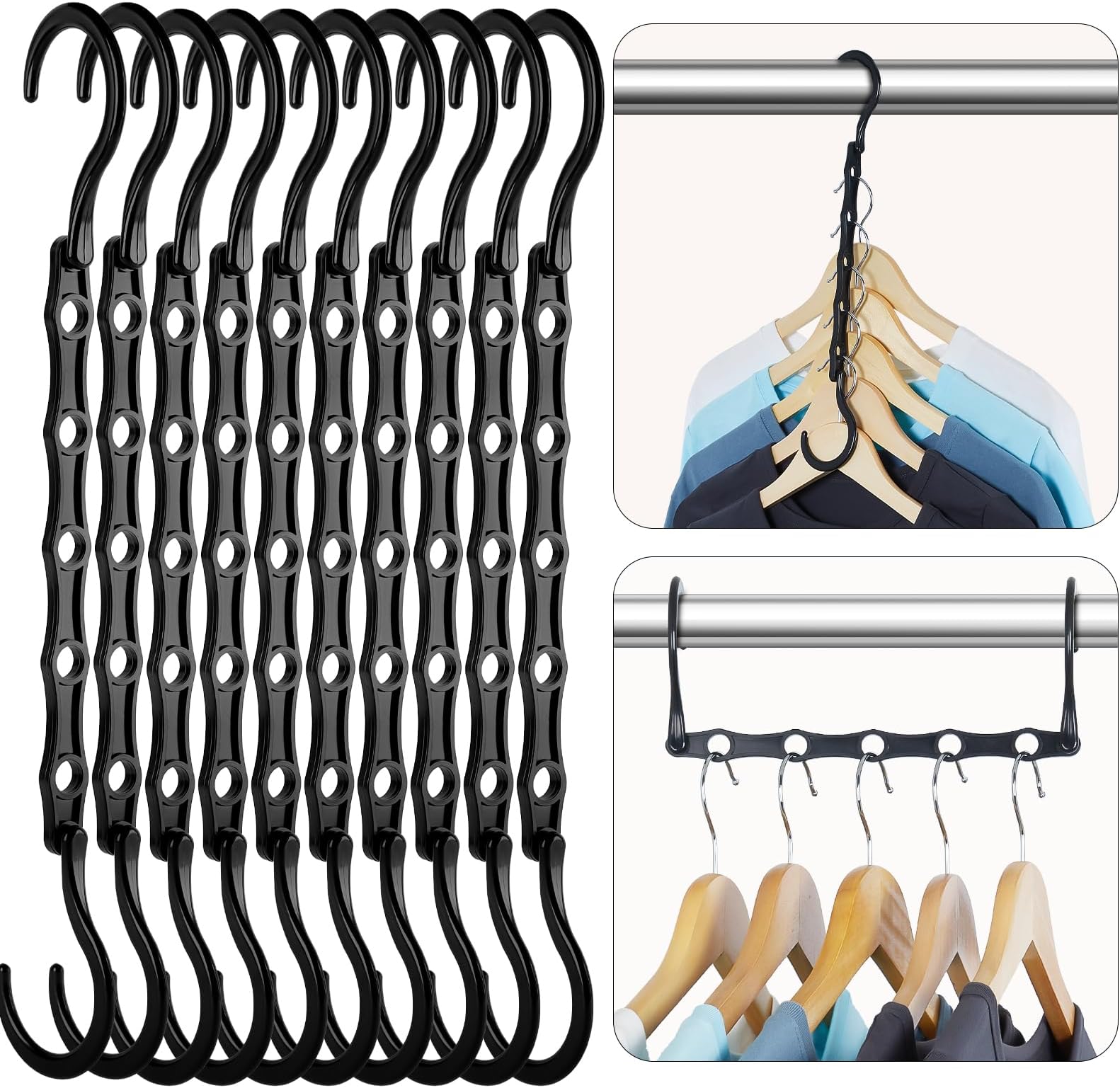 HOUSE DAY Black Magic Space Saving Hangers, Premium Smart Hanger Hooks, Sturdy Cascading Hangers with 5 Holes for Heavy Clothes, Closet Organizers and Storage, College Dorm Room Essentials 10 Pack