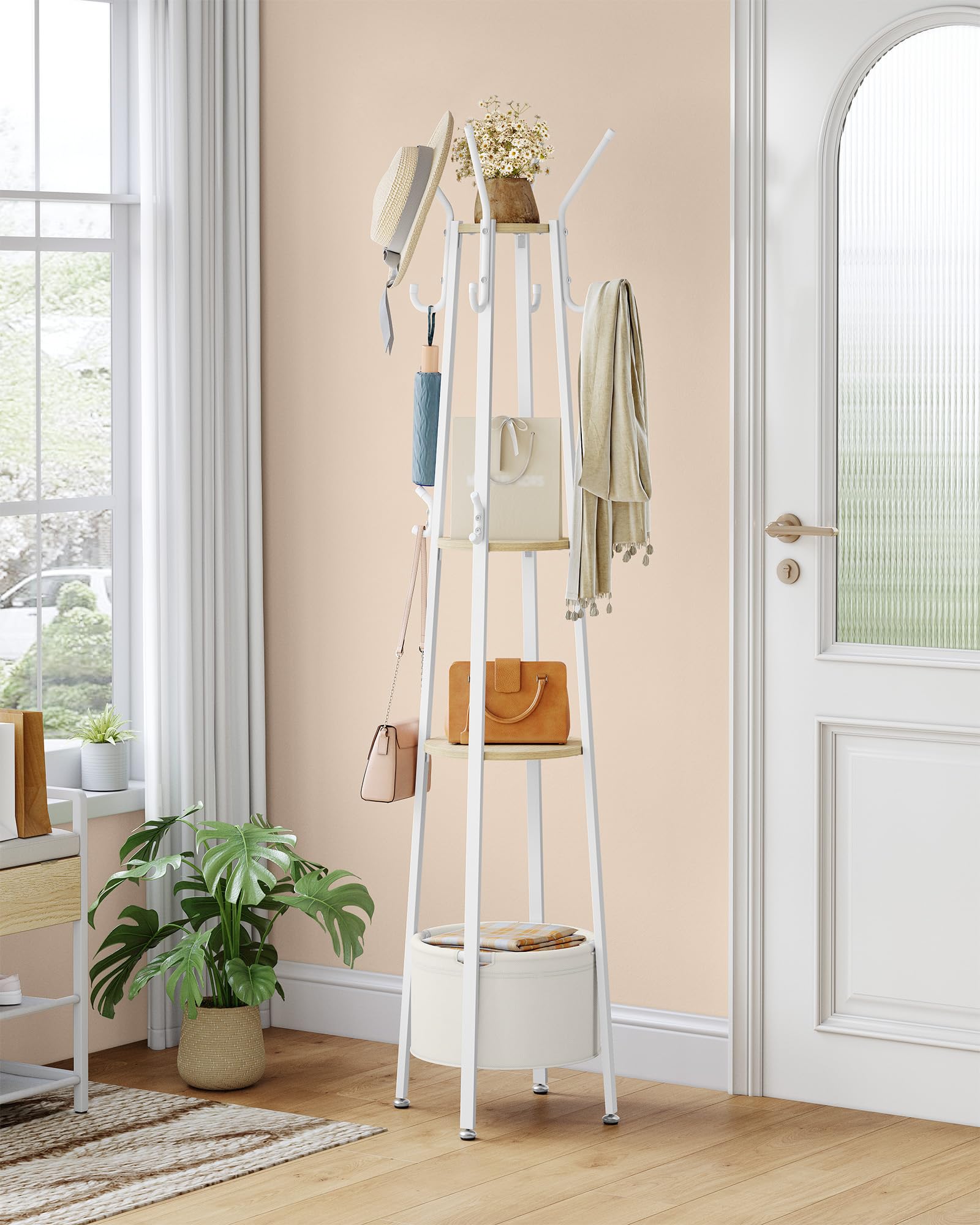 Hzuaneri Garderobenständer, Kleiderständer mit Großer Aufbewahrungskorb, Garderobe mit 3 Ablagen, 16 Haken, für Eingangsbereich, Schlafzimmer, 182,5 cm Hoch, Goldeichenfarben und Weiß CR27316W