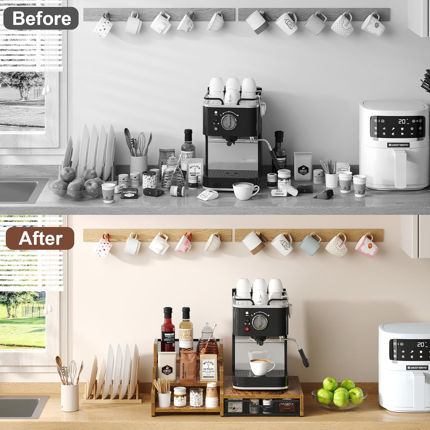 Coffee Station Organizer with K Cup Holder, 28 Pod Capacity,3-Tier Syrup Rack with Coffee Pod Holder Drawer, Coffee Bar organizer Countertop for Accessories,Rustic Brown