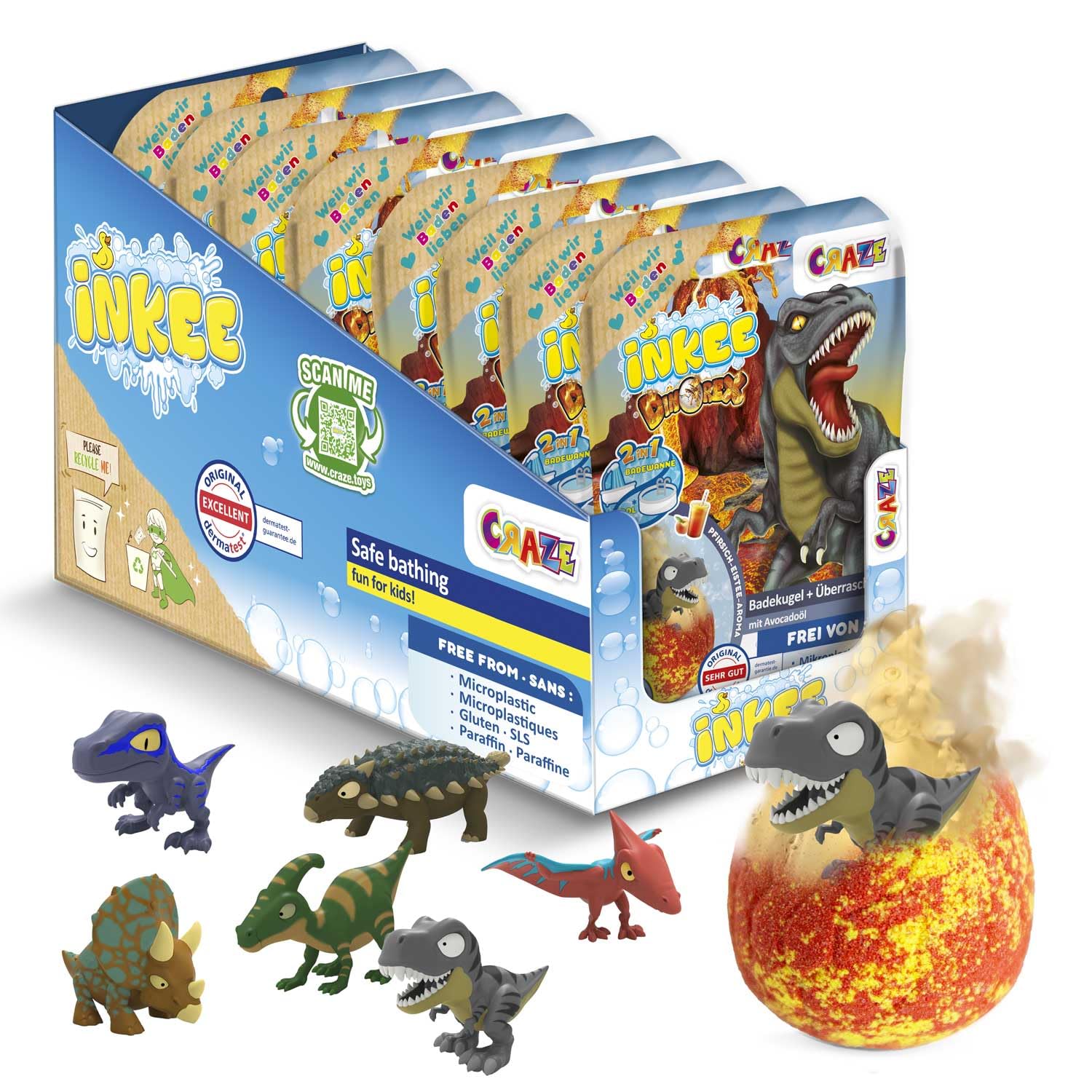INKEE Surprise Dinorex Set di 8 Bombe da bagno bambini con sorpresa Dinorex, giocattoli per vasca con odore a sorpresa