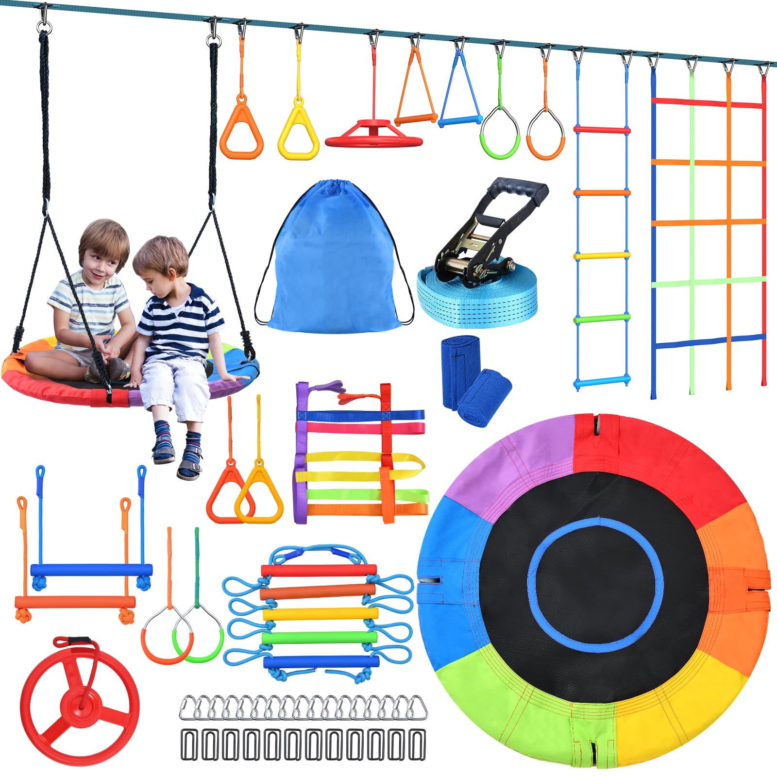 Hapfan 50 FT Ninja Warrior Obstacle Course Swing Set for Kids with Weather-Proof Accessories, Outdoor Playset with Monkey Bars for Backyard