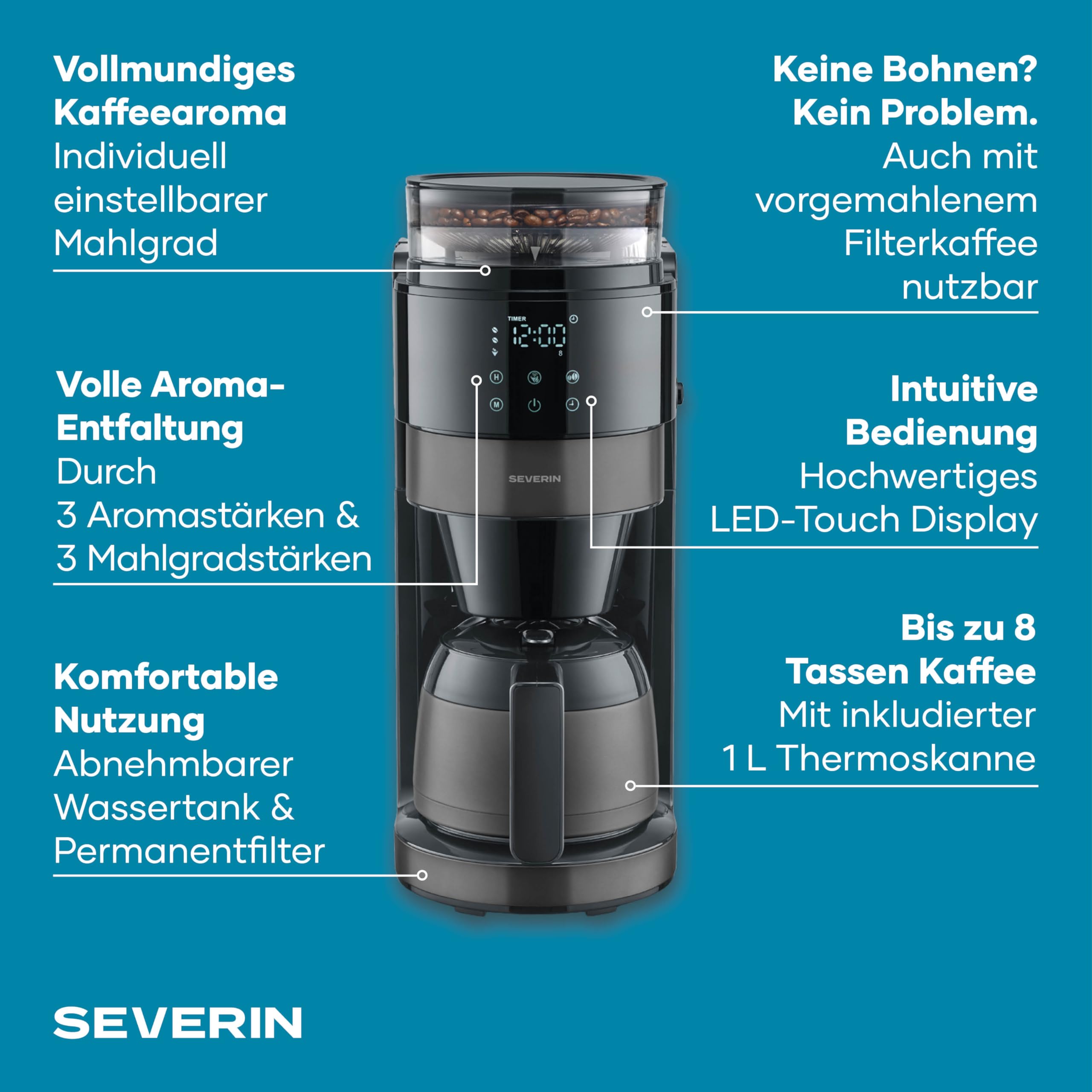 Severin Filter-Kaffeemaschine mit Thermokanne und Mahlwerk, 1L Füllmenge, bis zu 8 Tassen, Tropf-Stopp, intensives Aroma, automatische Abschaltung, LED-Display, 900W, dark inox, schwarz, KA 4831