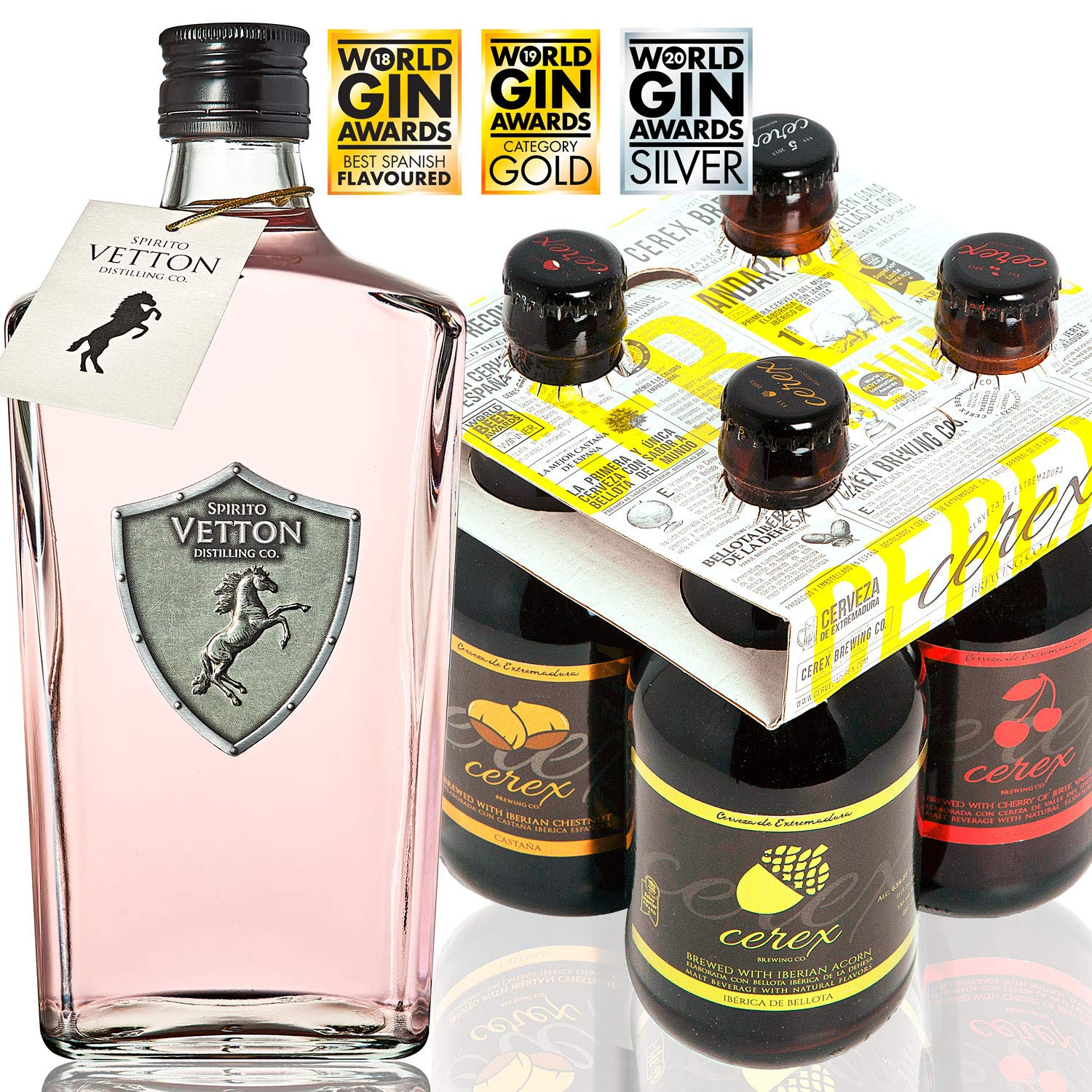 CEREX – Pack 4 Cervezas Artesanas + Ginebra Cereza Premium Artesanal Spirito Vetton - Cerveza de Castaña, Cereza, Ibérica de Bellota y Pilsen - MEJOR GINEBRA DE ESPAÑA 2019