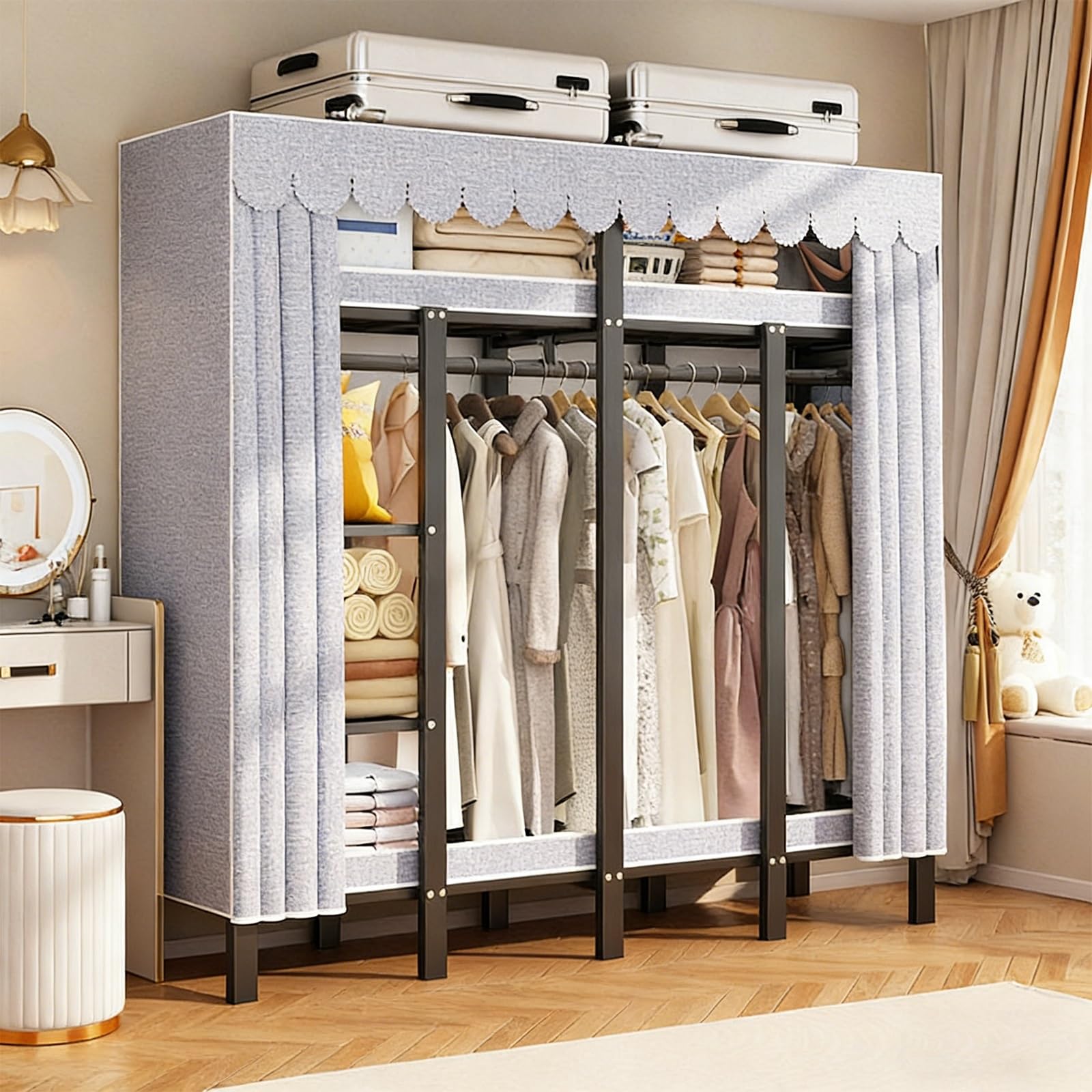 Zusammenklappbarer Kleiderschrank,Faltschrank Zum Aufhängen Von Kleidung,Tragbarer Stoffschrank Aus Metall,Einfach Stoff-Kleiderschrank,Große Faltschrank Für Schlafzimmer(145cm/57in)