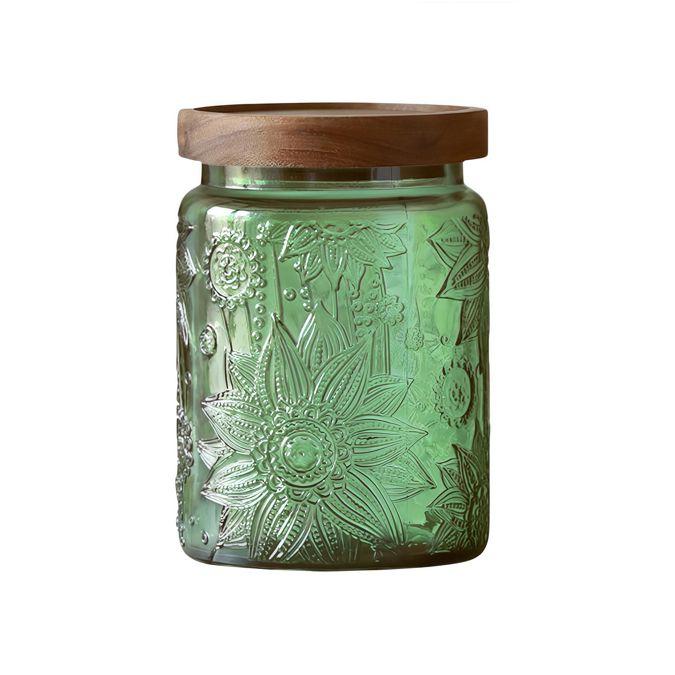 Vintage Glass Jar, Green Sunflower Storage Jar, 23.7 FL OZ Glass Jar with Solid Wood Lid, Glass Food Storage Canister for Kitchen, Laundry Detergent, Coffee, Candy Jar Cute Jar (Green, Sunflower)