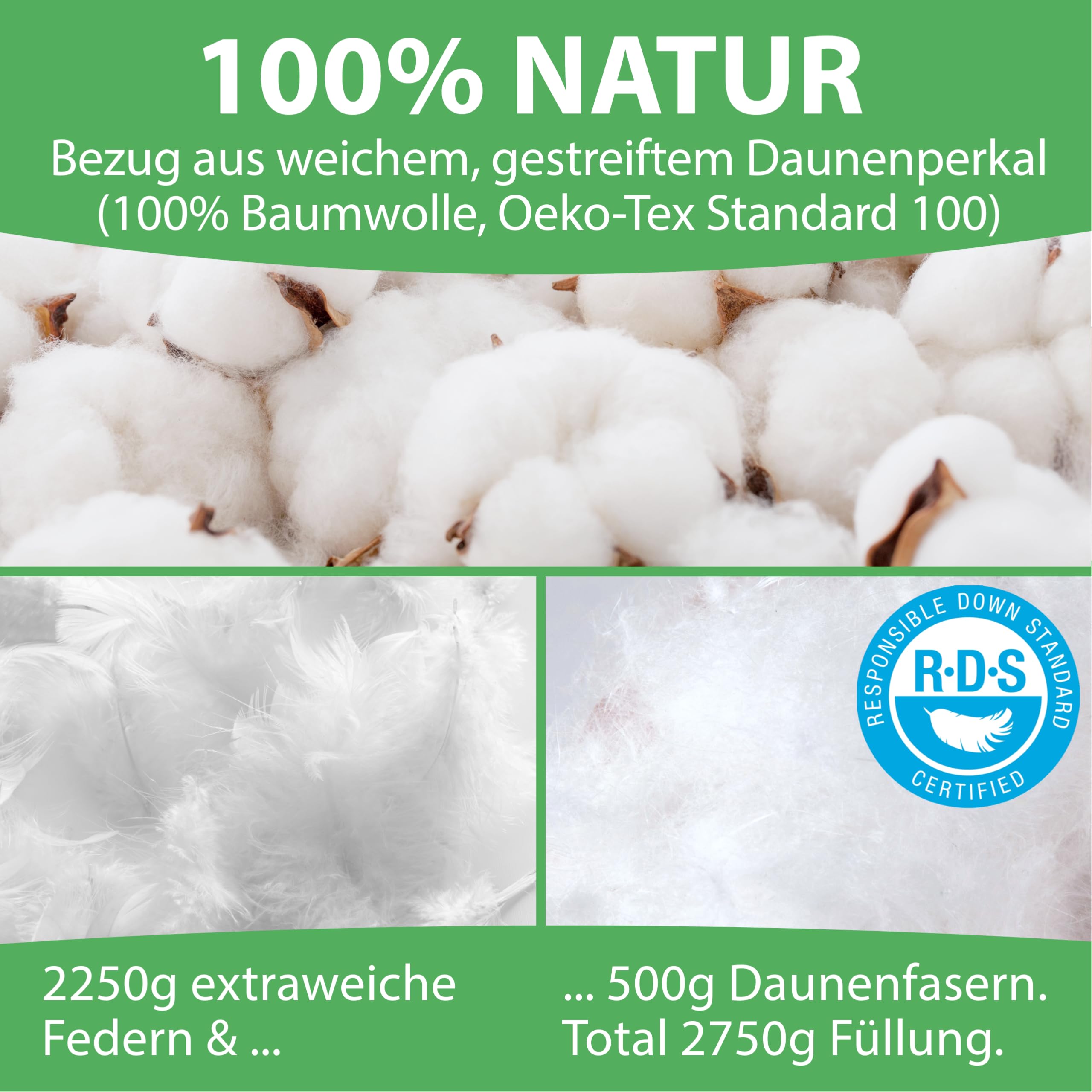 Welldora Premium Kopfkissen 80x80 höhenverstellbar | 100% Daunenfasern & Federn | Ergonomische Innovation: anpassbar fest bis weich | Kissen fachärztlich geprüft, Oeko-Tex Zertifiziert in Deutschland