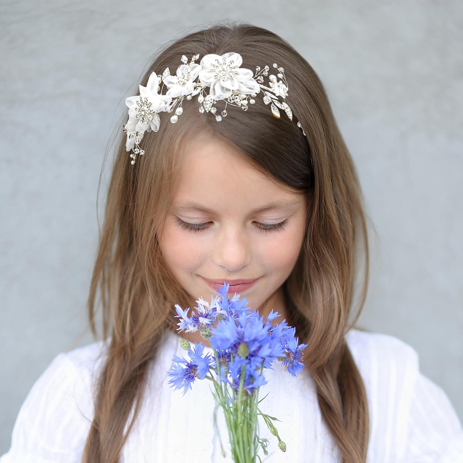 Oriamour Flower Girl Headpiece Ivory Tulle Flowers Wedding Headband for Girls Brides, Princess Pearl Hair Accessories for Birthday Party, First Communion Bridal Headpiece For Women - Image 8