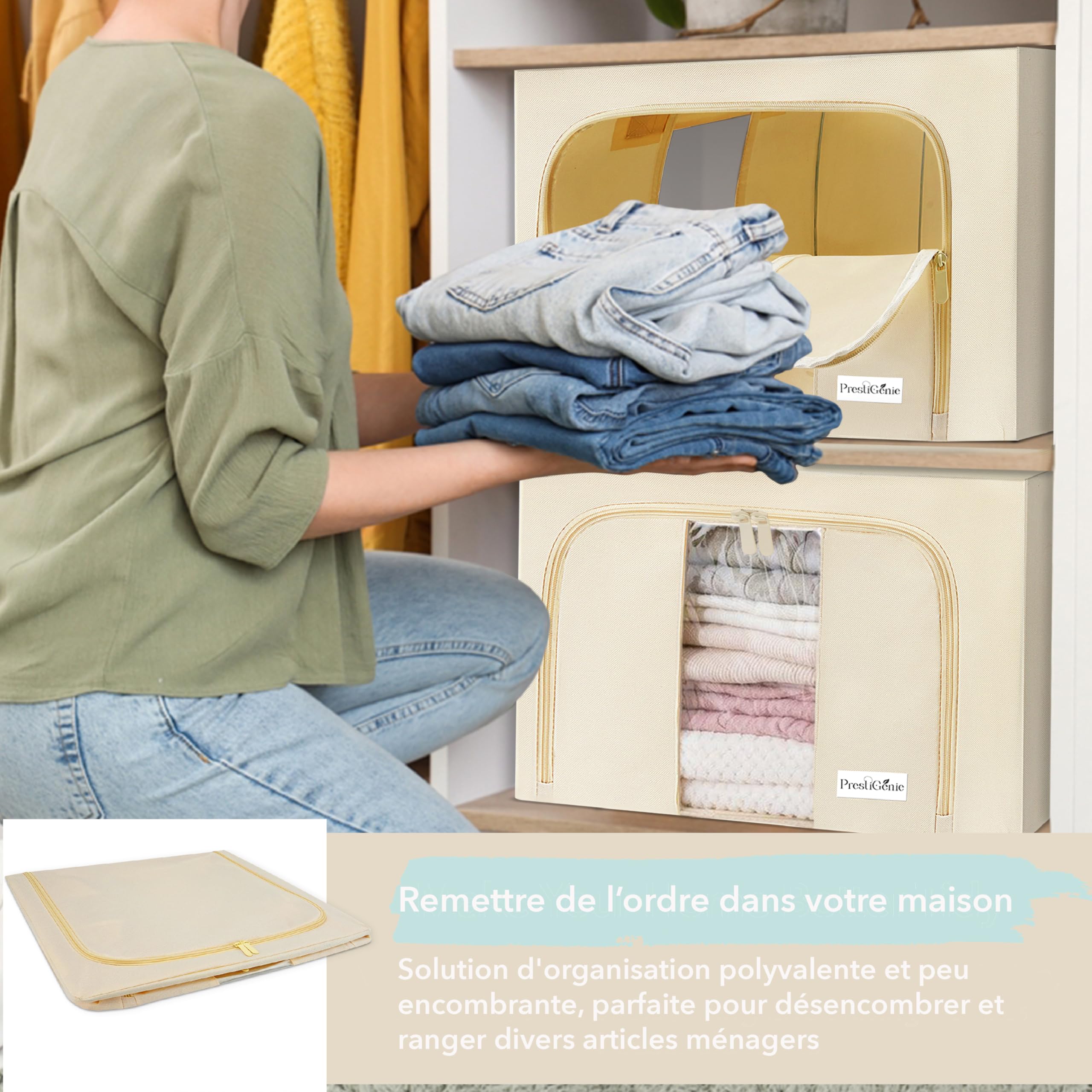 Lot de 3x 66L Sac de rangement vetement penderies rigide en tissu - Organisateur vetement - Boite de rangement vetement Couverture et oreiller avec Fenêtre transparente
