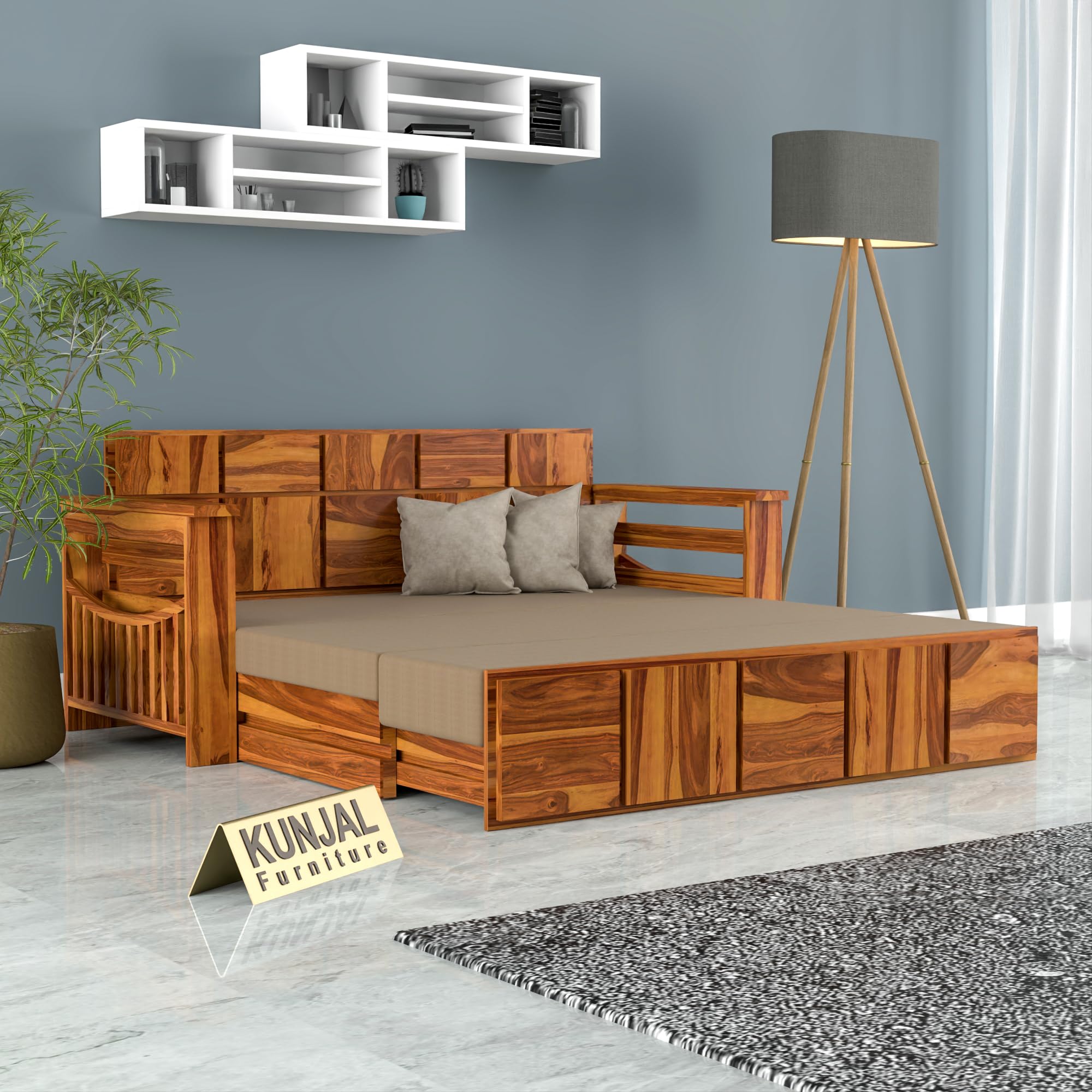 Kunjal Furniture Solid Sheesham Wood Sofa Cum Bed with Storage for Living Room | Natural Finish | 3-Seater Convertible Sofa Bed | Handmade Wooden Furniture (Natural, Contemporary)