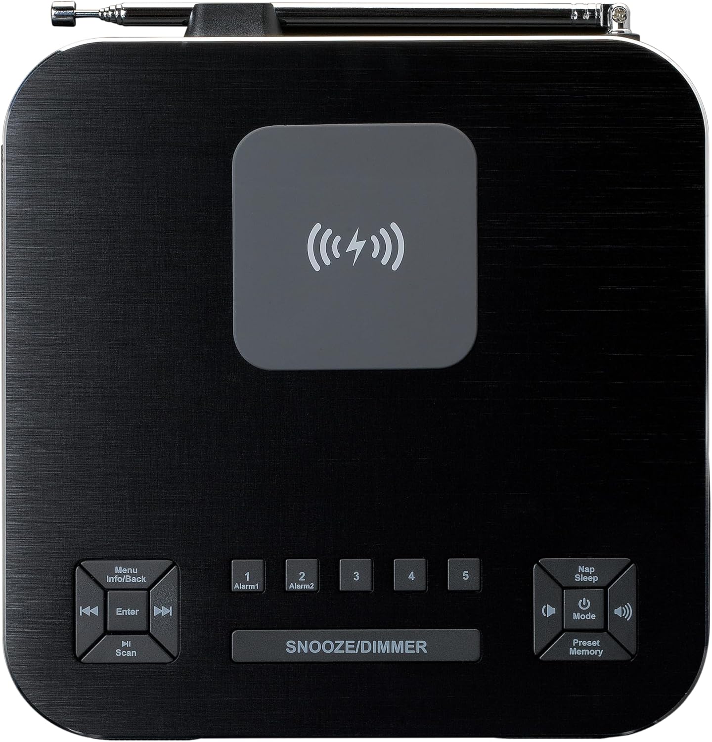 Nahoru view of the Lenco CR-650 DAB+ Alarm Clock Radio showing the control buttons and the wireless charging pad.