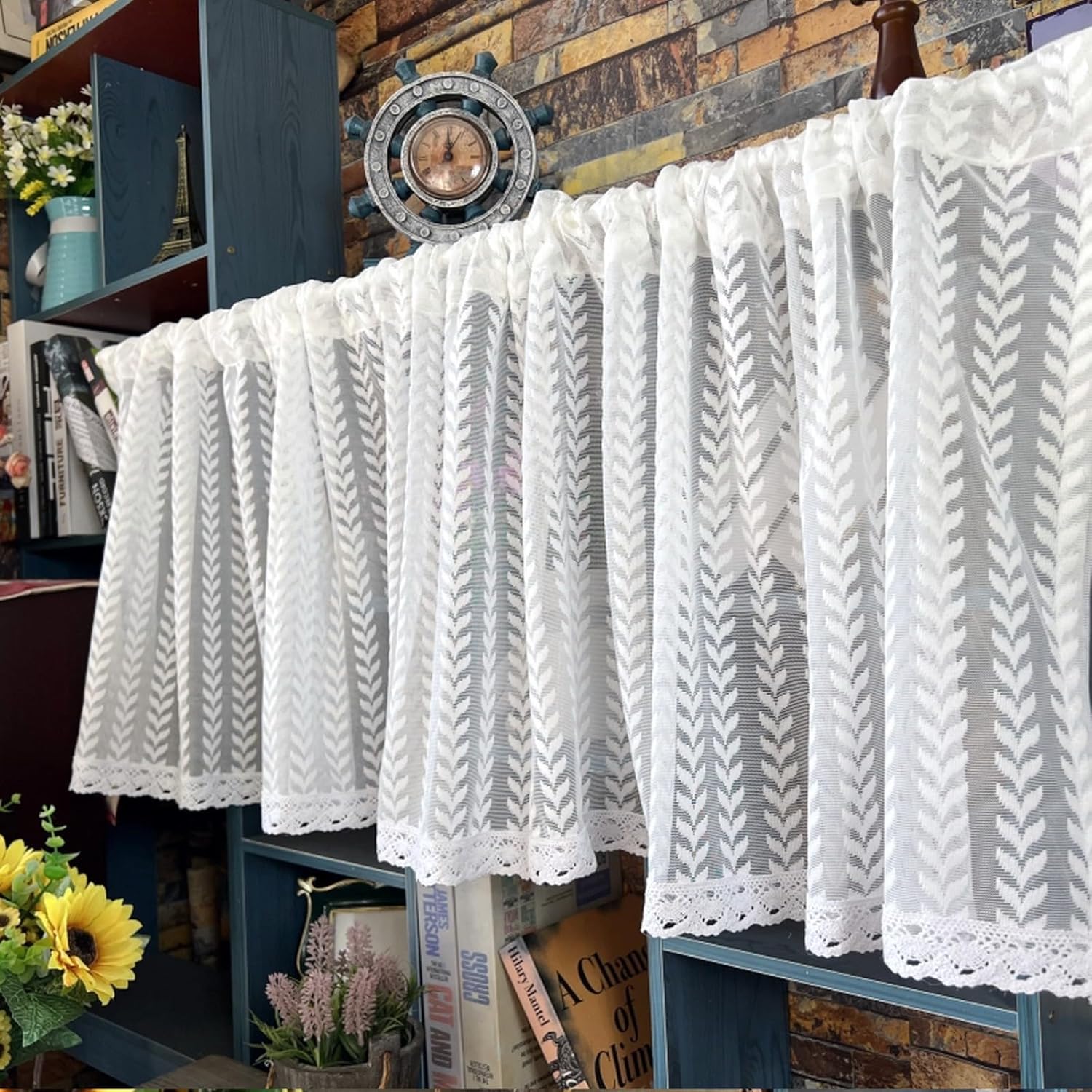 Short Curtain for Small Window White Net Curtain Geometric Embroidery Lace Voile Sheer Transparent Cabinet Curtain Door Curtain Window Treatment Valance Tier Curtain for Kitchen Bedroom