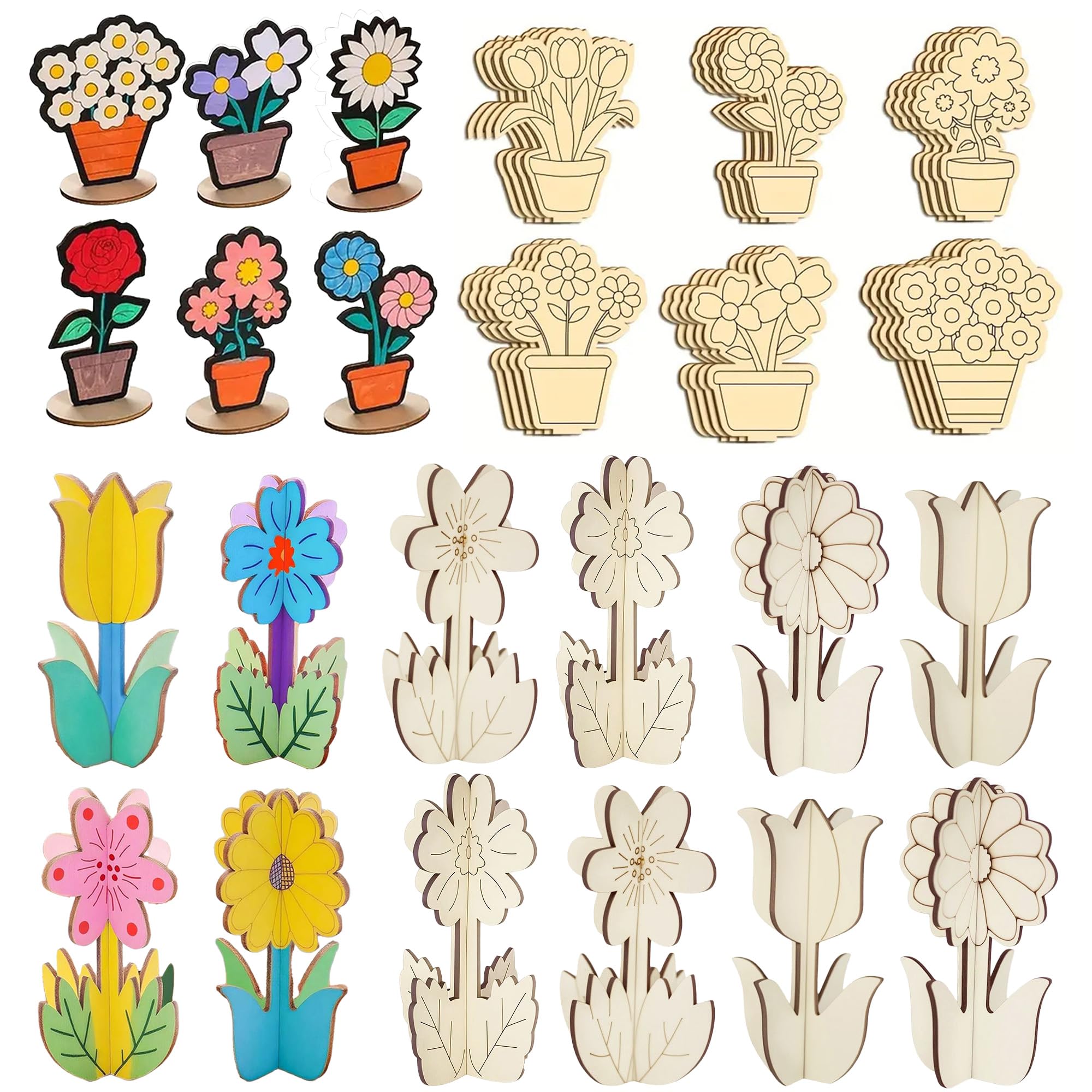 RivanPal 58 Pcs DIY Unfinished Wooden Painting Flower Kit, Blank Coloring Wooden Stencils of Flower, Arts and Crafts Supplies for Birthday Party Favors, Classroom Rewards Goodie Bags Fillers