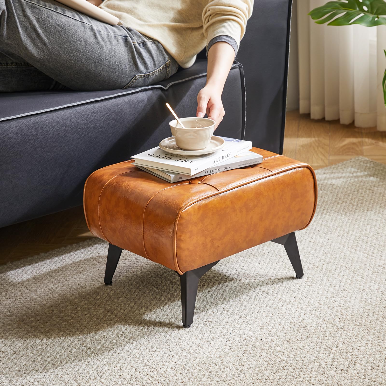 YMYNY 10.2 H Repose Pied Salon, Tabouret Repose-Pieds en Cuir PU avec Coussin Rembourré pour l'assise. Tabouret de Canapé Moderne, pour Salon, Chambre, Entrée, Orange HBD037J
