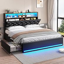 HAUOMS Full Bed Frame with Headboard and 4 Drawers, PU Black Upholstered | Storage Headboard with Charging Station and LED Lights, Modern Platform Bed with 5 Shelf, Noise Free, No Box Spring Needed