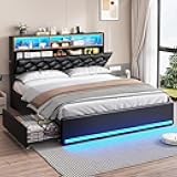 HAUOMS Full Bed Frame with 3-Tier Headboard & Hidden Storage, Upholstered LED Bed with 4 Drawers and Charging Station,Platform Metal Bed Frame with Storage, No Box Spring Needed, PU Black