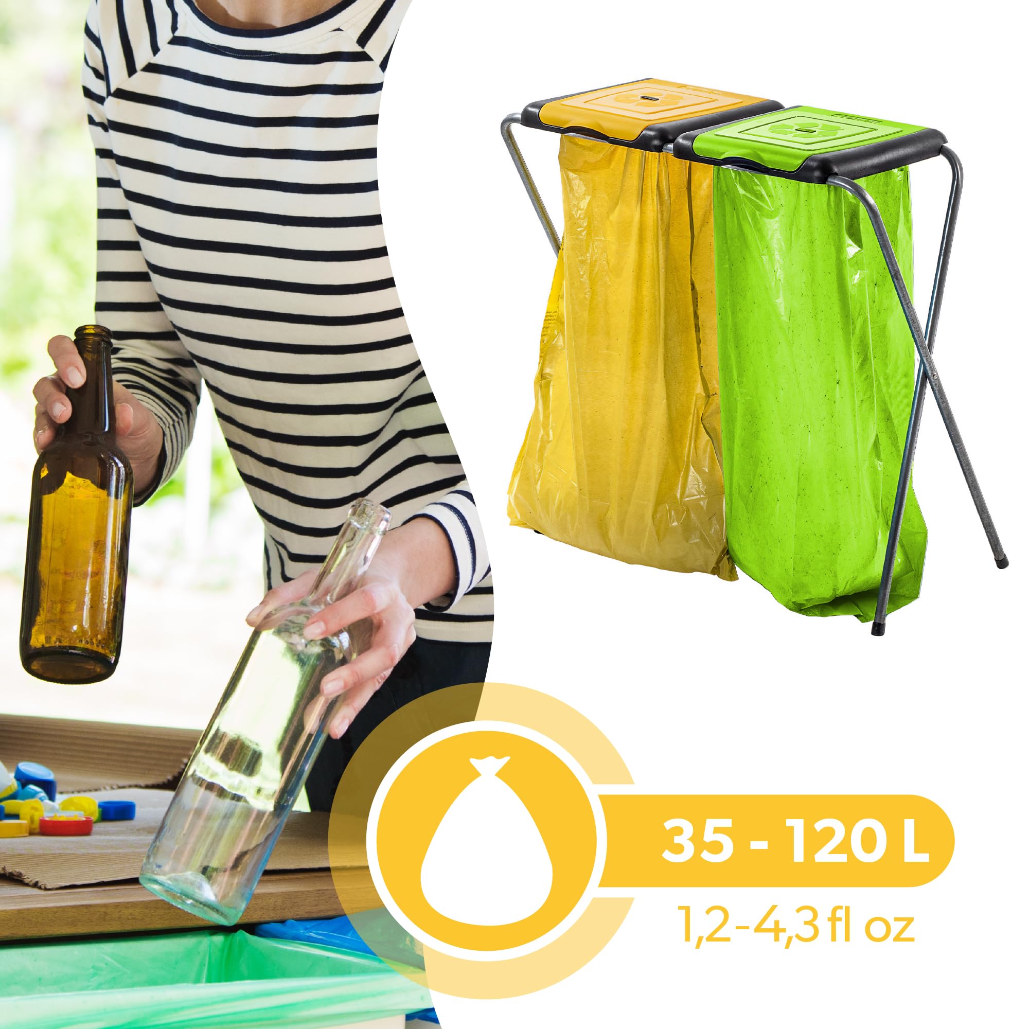 KADAX Ständer für Mülltrennung, stabiler Müllsackhalter mit Kunststoffdeckel, Müllsackständer, Abfallbehälter, Müllbeutelhalter, Müllständer (Doppelt v2)
