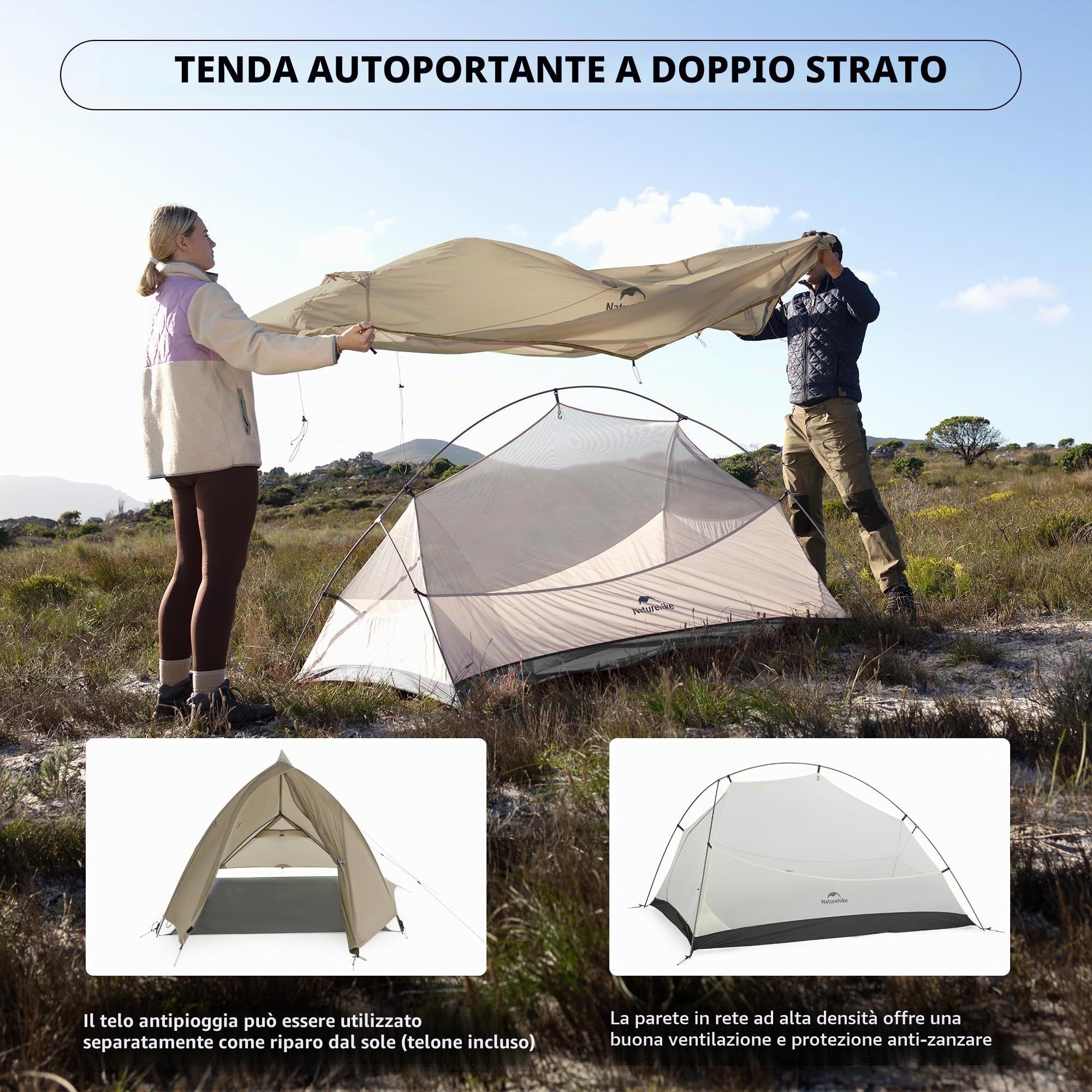 Naturehike Cloud Up Pro - Tenda da campeggio leggera per 2 persone, facile da montare, antivento e impermeabile, per attività all'aperto, viaggi, trekking (cachi/senza fluoro)