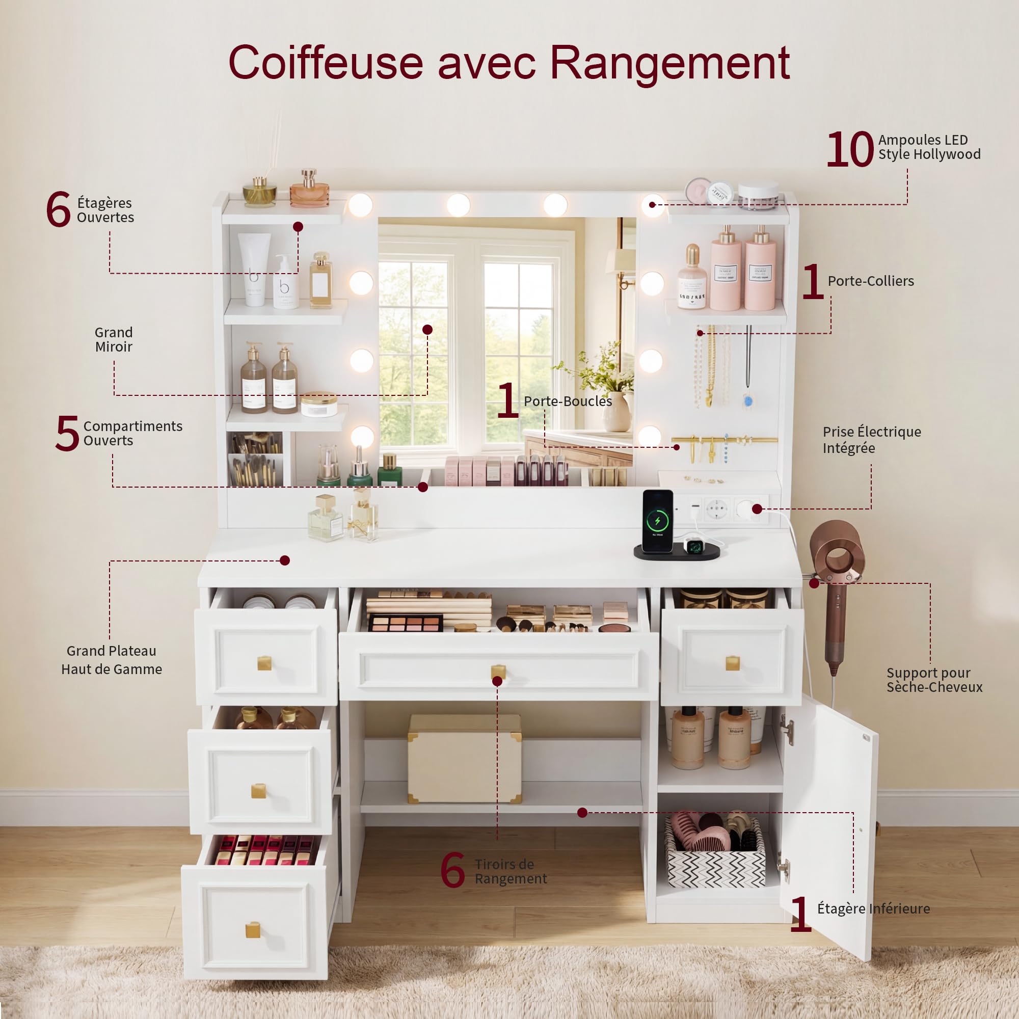 Heybly Coiffeuse avec Miroir LED et Éclairage, Table de Maquillage avec 6 Tiroirs et 6 Étagères, avec Prises Électriques et Rangement Bijoux, Coiffeuse Moderne pour Chambre, Blanche BDT002WT