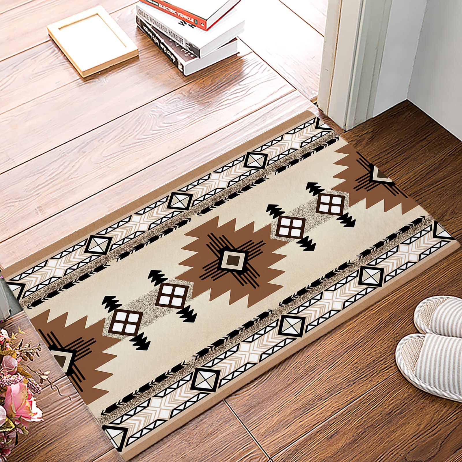 Doormat Indoor Entrance Home Decor Door Mat, Beige Brown Western Floor Rugs for Kitchen, Bathroom, Southwest Modern Geometric Abstract Art Funny