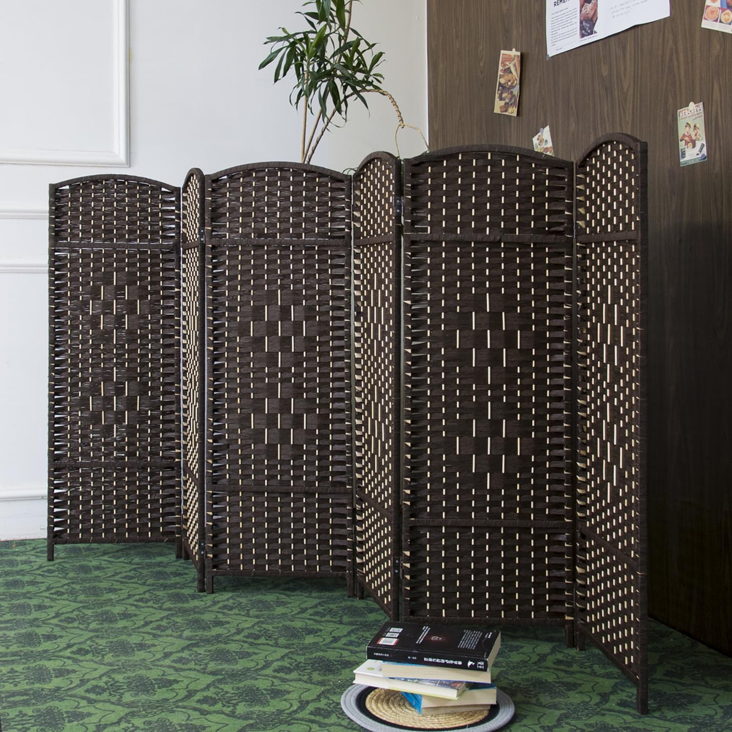 Furnnylane 6 Panel Dark Brown Rattan Divider Short Room Partition Screen,Double Sided Short Folding Divider for Room Separation,120 cm Tall — image 1
