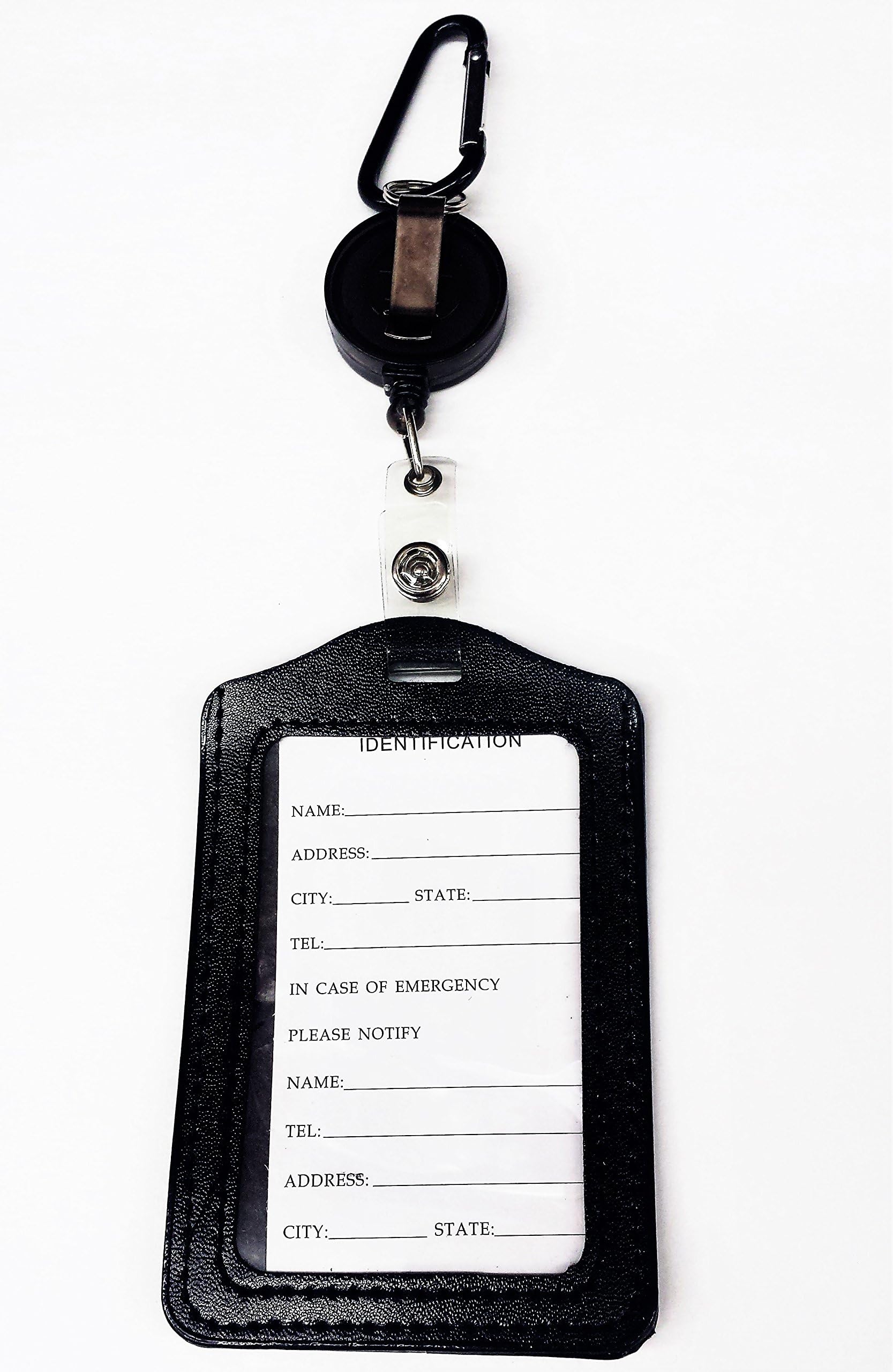 Top Choice Vertical Style Leather Retractable ID Badge Card Holder with Key Snap Hook and Belt Clip, Black