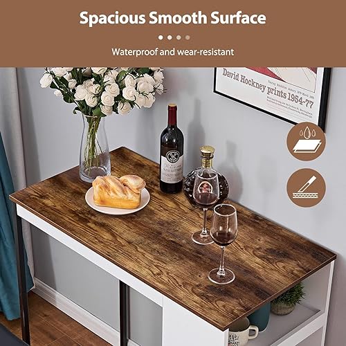 Vista 6 de Panana Juego de mesa de comedor de 3 piezas, mesa de bar de cocina con dos estantes de almacenamiento de taburetes, mesa de madera con acabado